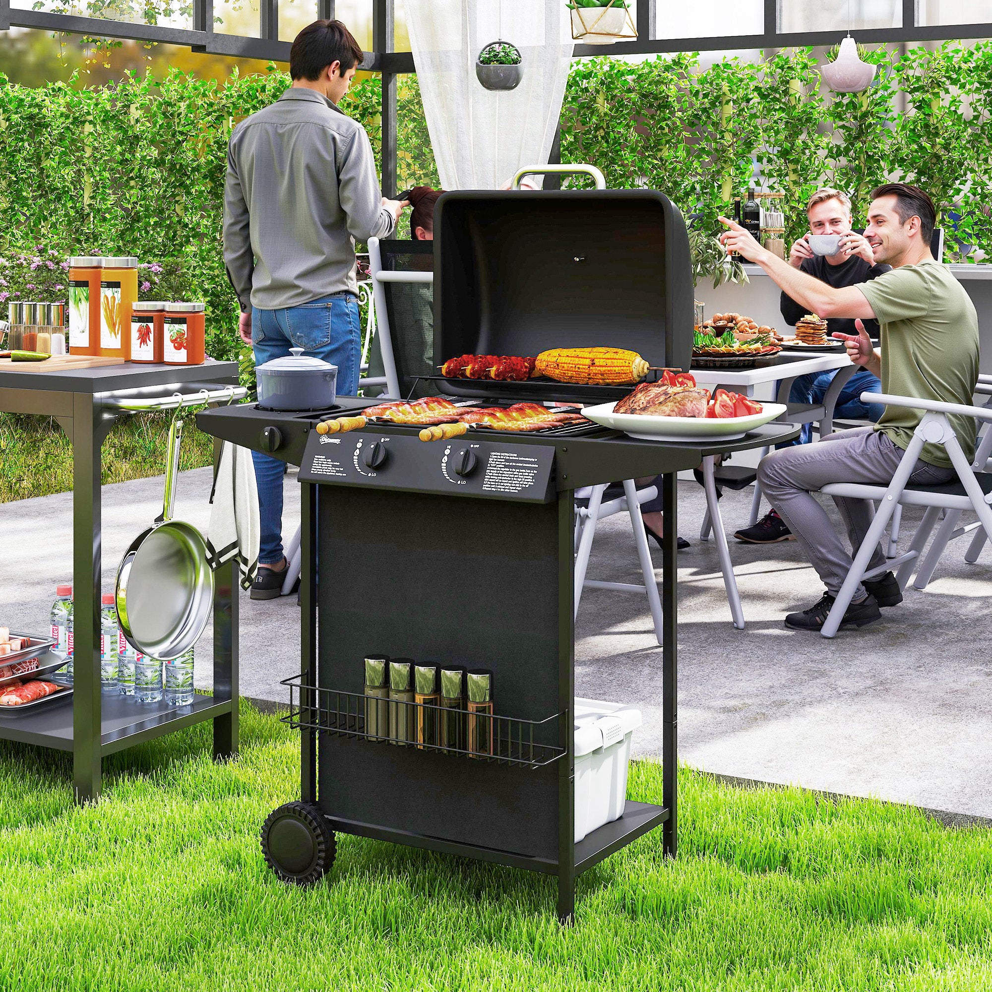 Outsunny Gasgrill 7 KW Grillwagen inkl 3 Brenner Seitenkocher Rolle Deckel 107 x 54 x 96 cm Schwarz
