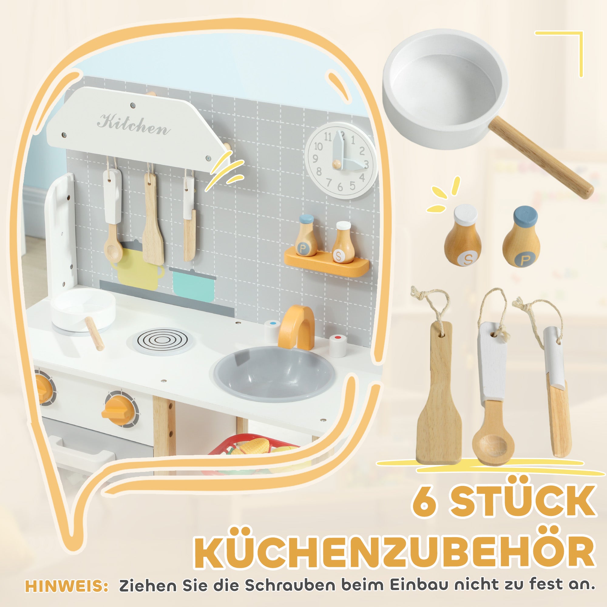 AIYAPLAY Spielküche mit Zubehör, Herd & Ofen, Spüle, Uhr, Ablagen, für 3-6 Jahre, Grau