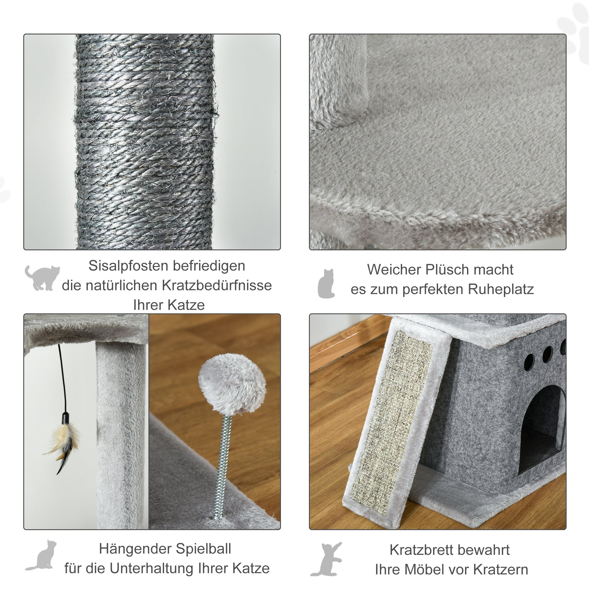 PawHut Kratzbaum Katzenbaum Deckenhoch Kletterbaum mit Katzenspielzeug Sisal Plüsch Hellgrau höhenverstellbar 60 x 40 x 225-255 cm