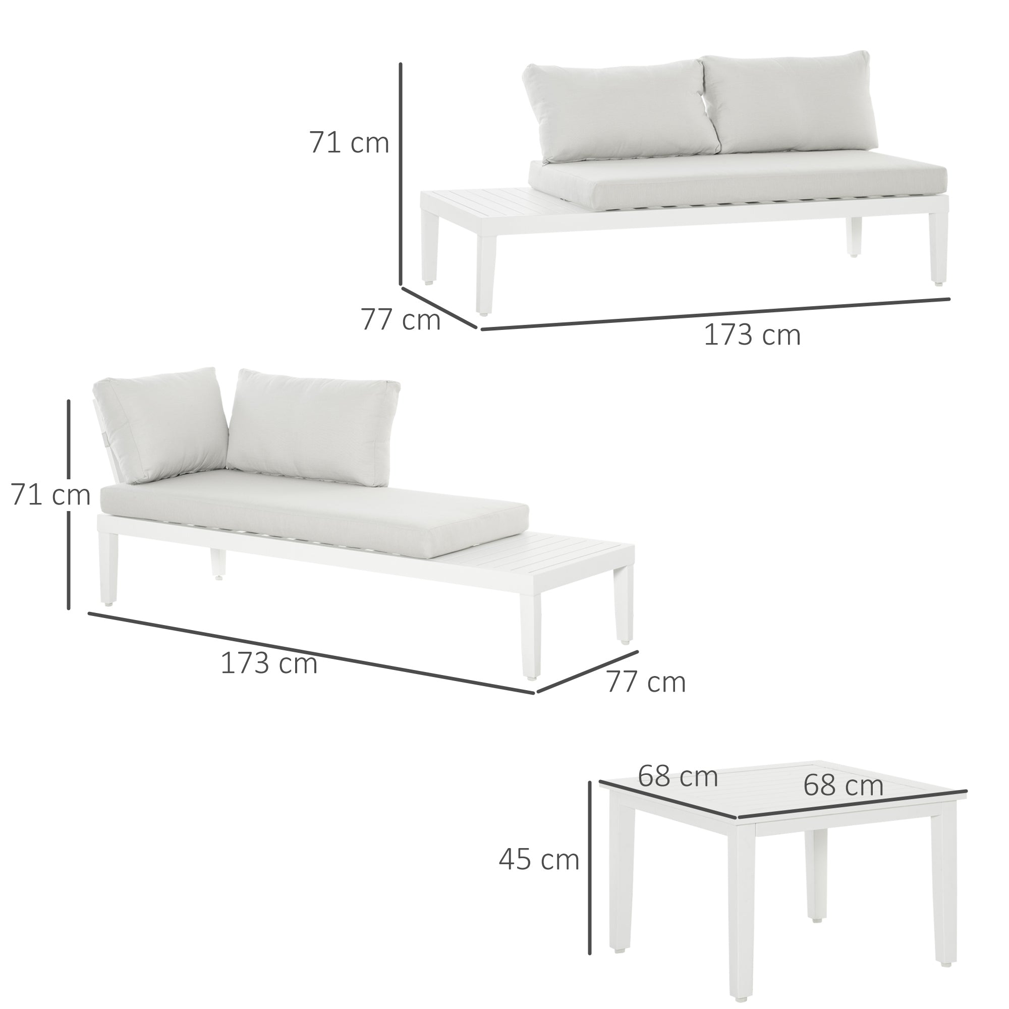 Outsunny Gartenmöbel-Set für 3 Personen mit Beistelltisch Sofa mit Kissen L-Form Outdoor Aluminium Cremeweiß
