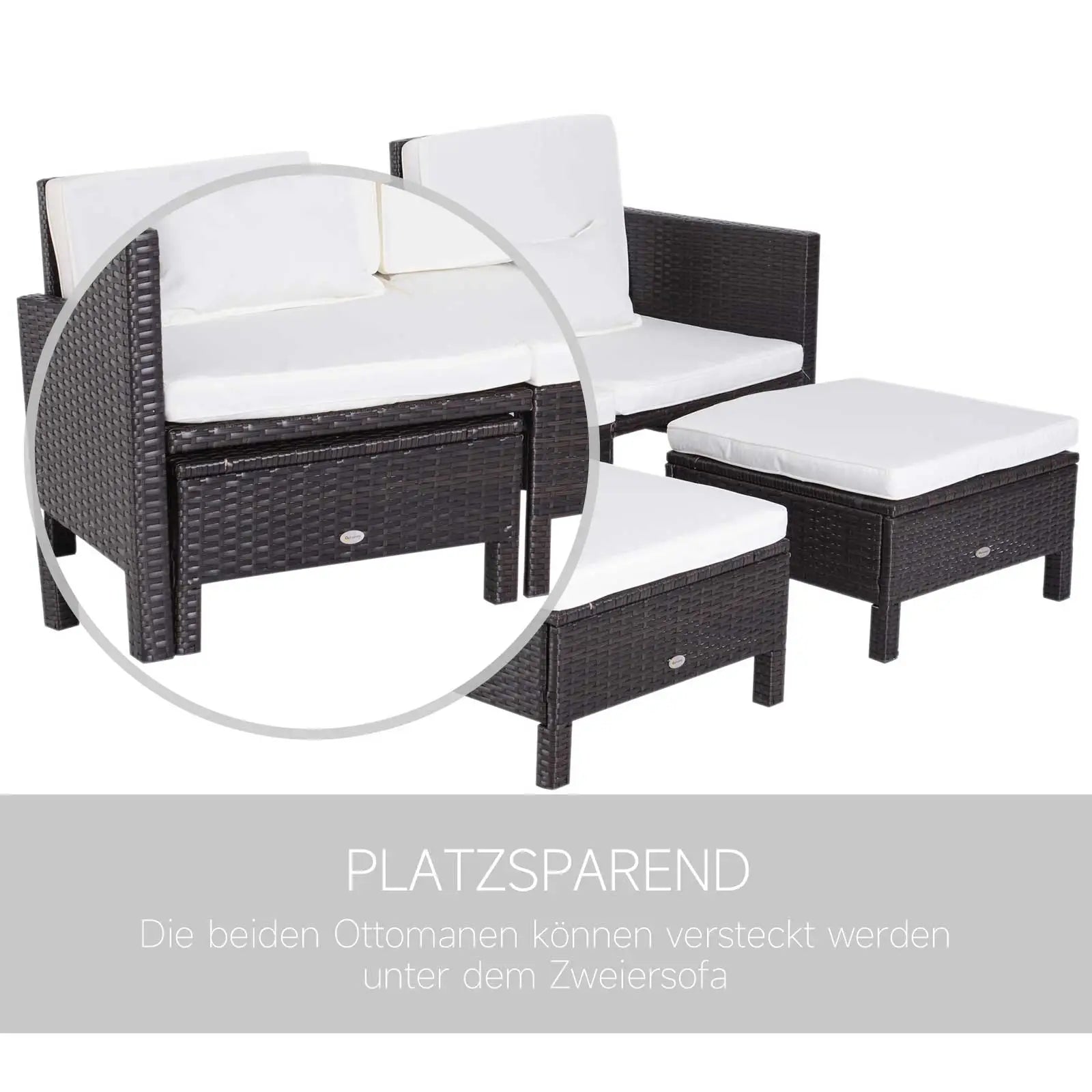 Outsunny Polyrattan Gartensofa-Set 3-teilig mit Hocker Kissen Outdoor