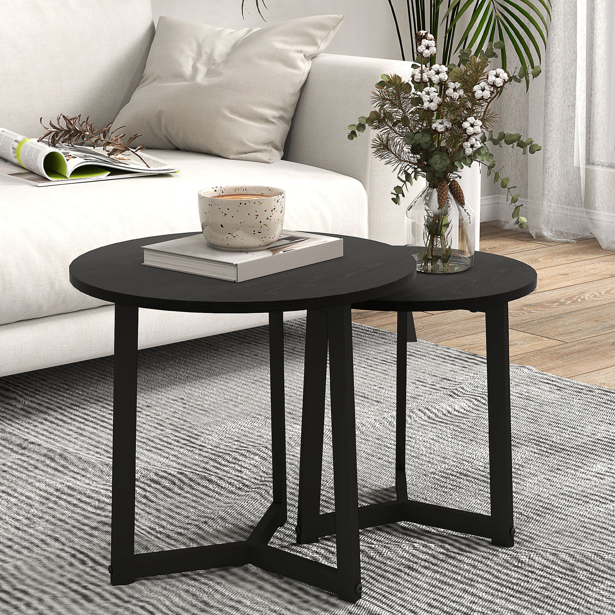 HOMCOM Moderner Couchtisch als 2er-Set, Metallrahmen, MDF, Rundes Design, ineinander verschiebbar, Schwarz