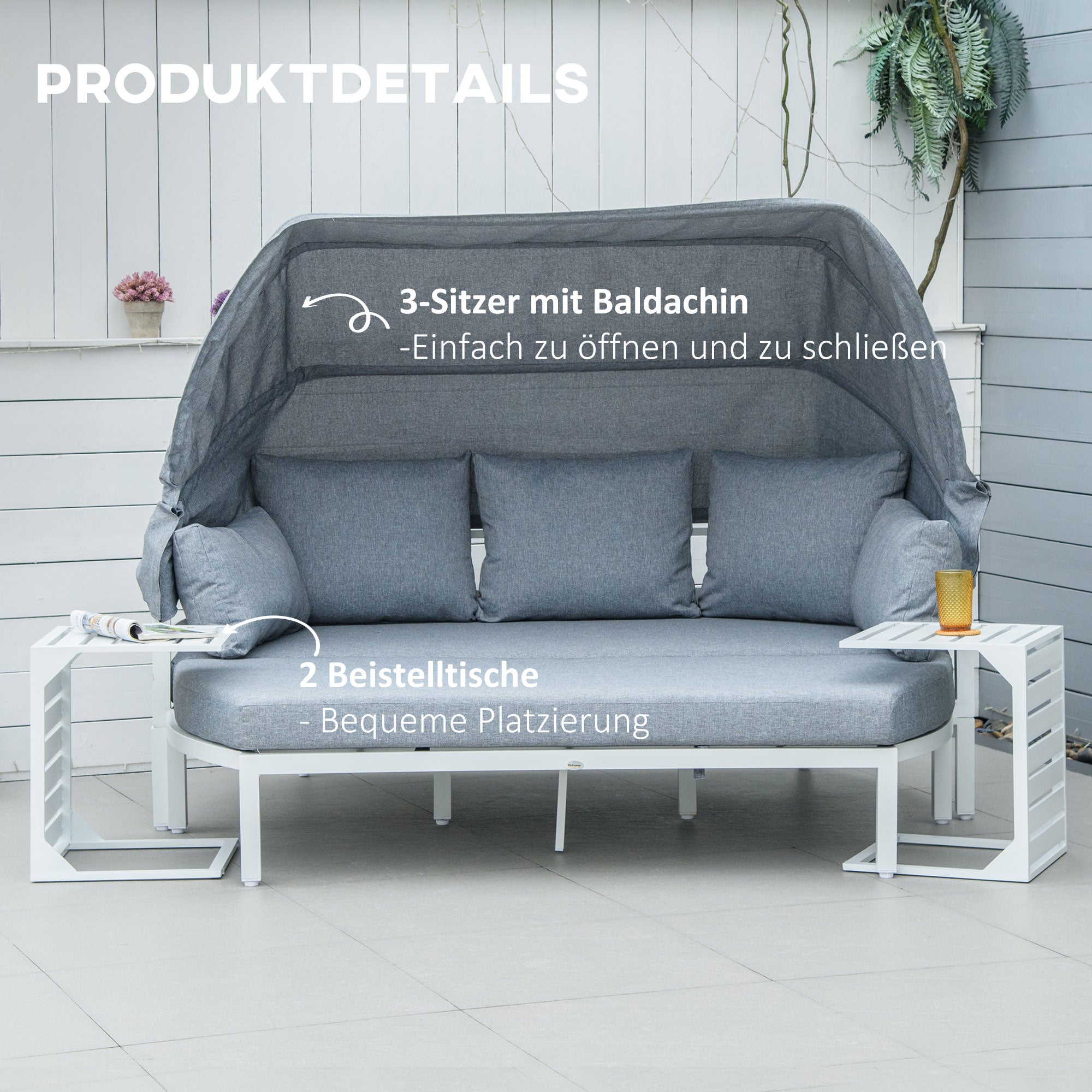 Outsunny Gartenmöbel-Set für 5 Personen, Sonneninsel, Gartensofa mit Baldachin, inkl. Kissen, Weiß + Grau