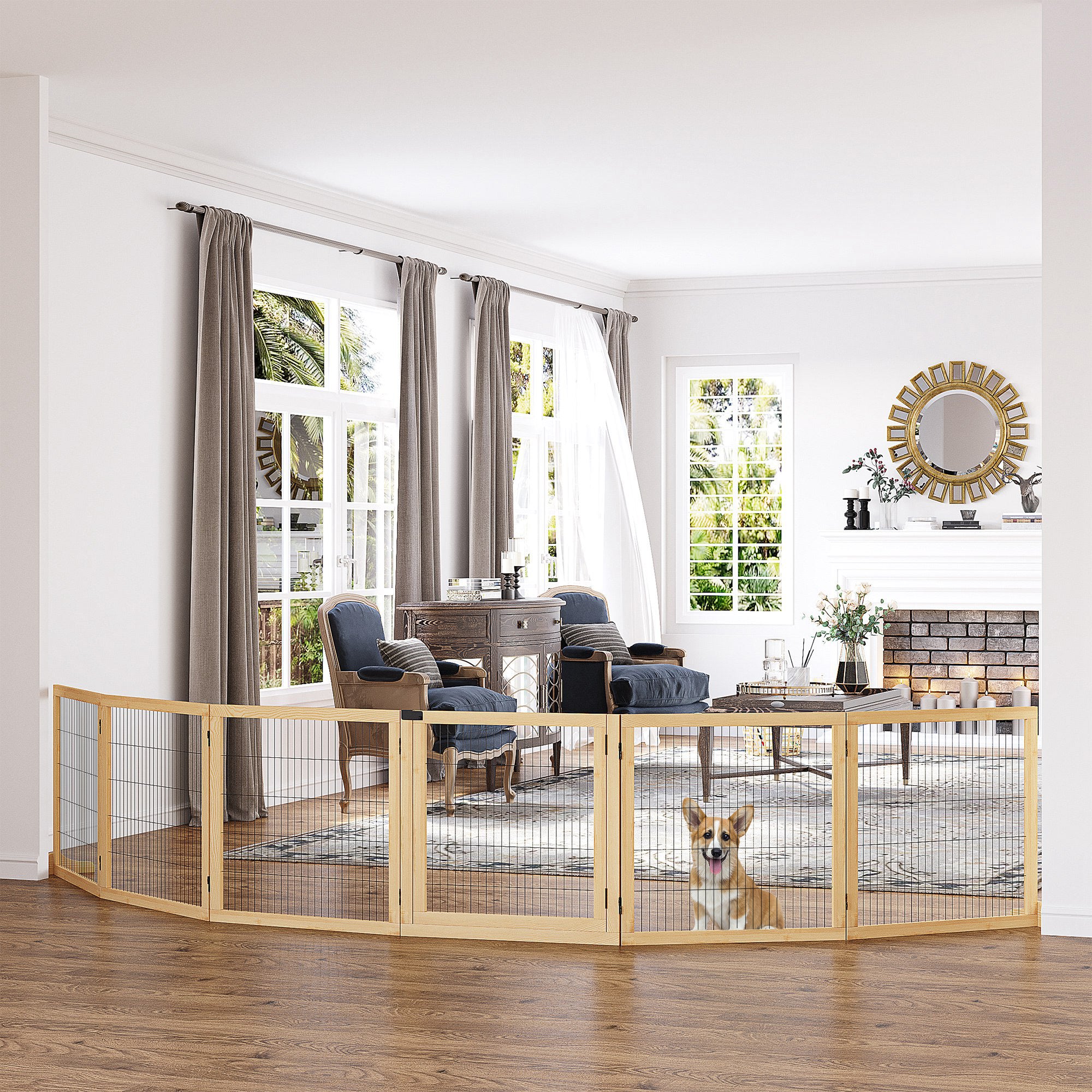 PawHut Haustiergitter Absperrgitter für Hunde, Kiefernholz, klappbar 432 x 36 x 70c m, Natur
