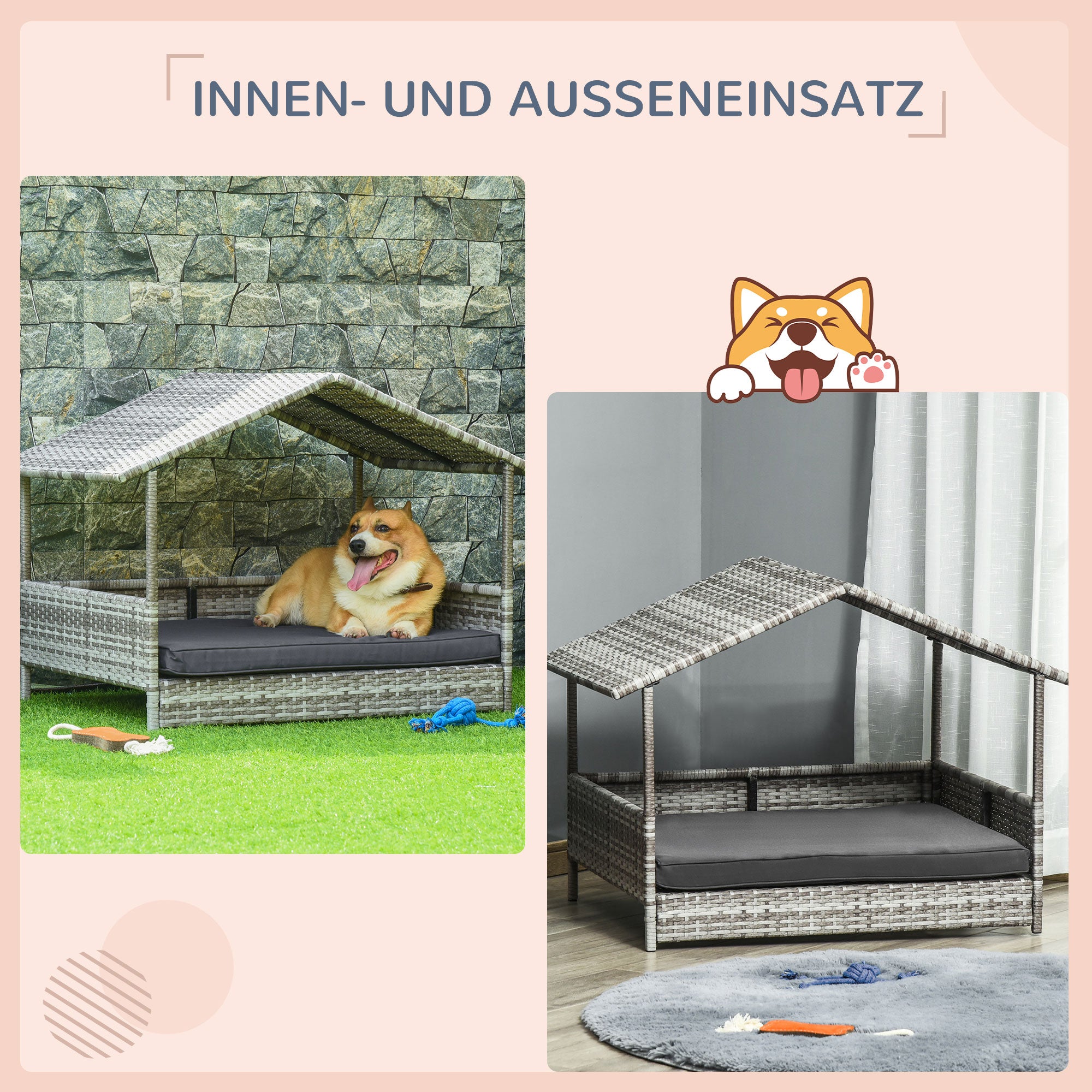 PawHut Hundehütte Haustierbett Hundekorb, wetterbeständig, abnehmbares Poster, Grau