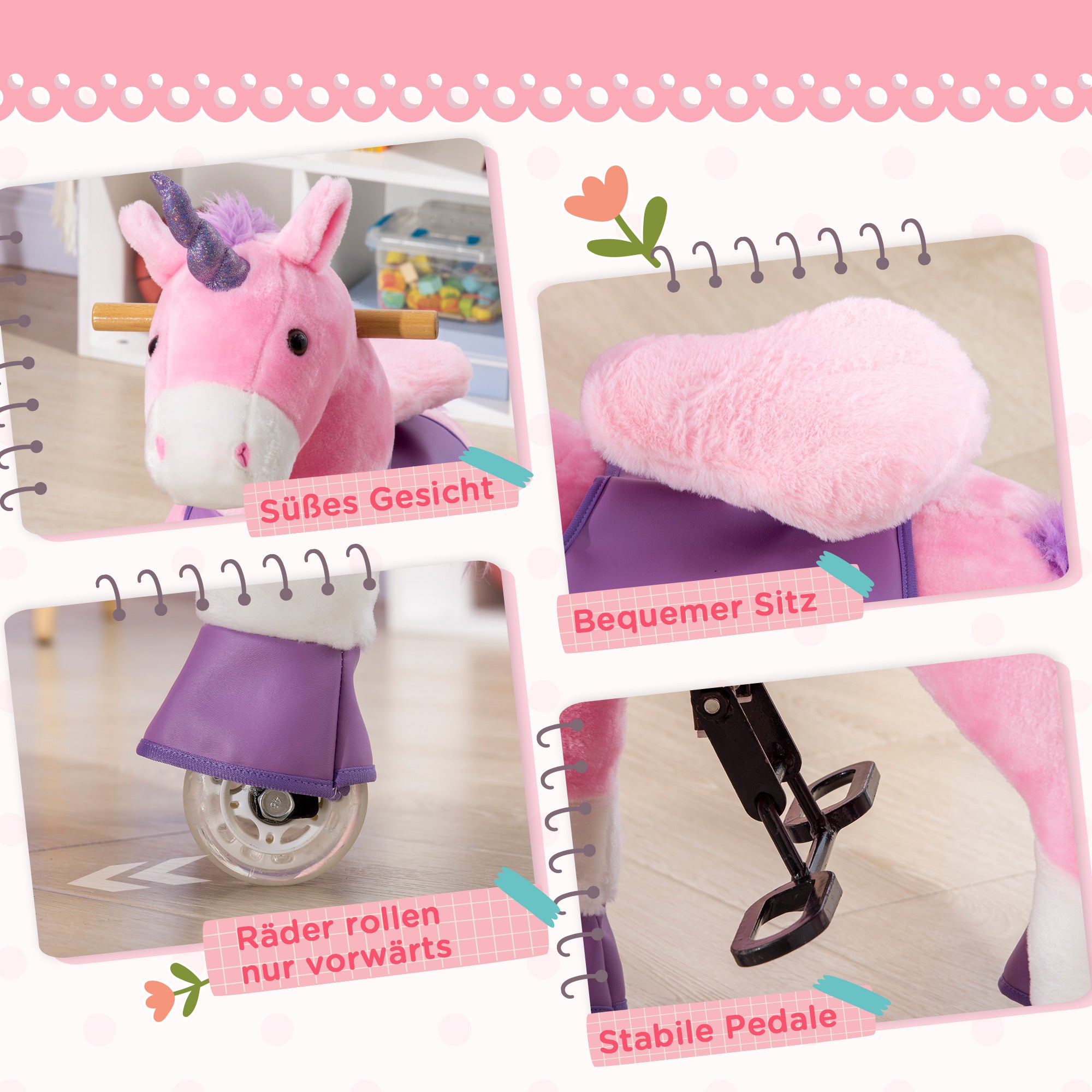 HOMCOM Schaukelpferd Einhorn, 4 Rollen, 2 Pedale, gepolsterter Sattel, 70 cm x 32 cm x 87 cm; Pink + Lila + Weiß