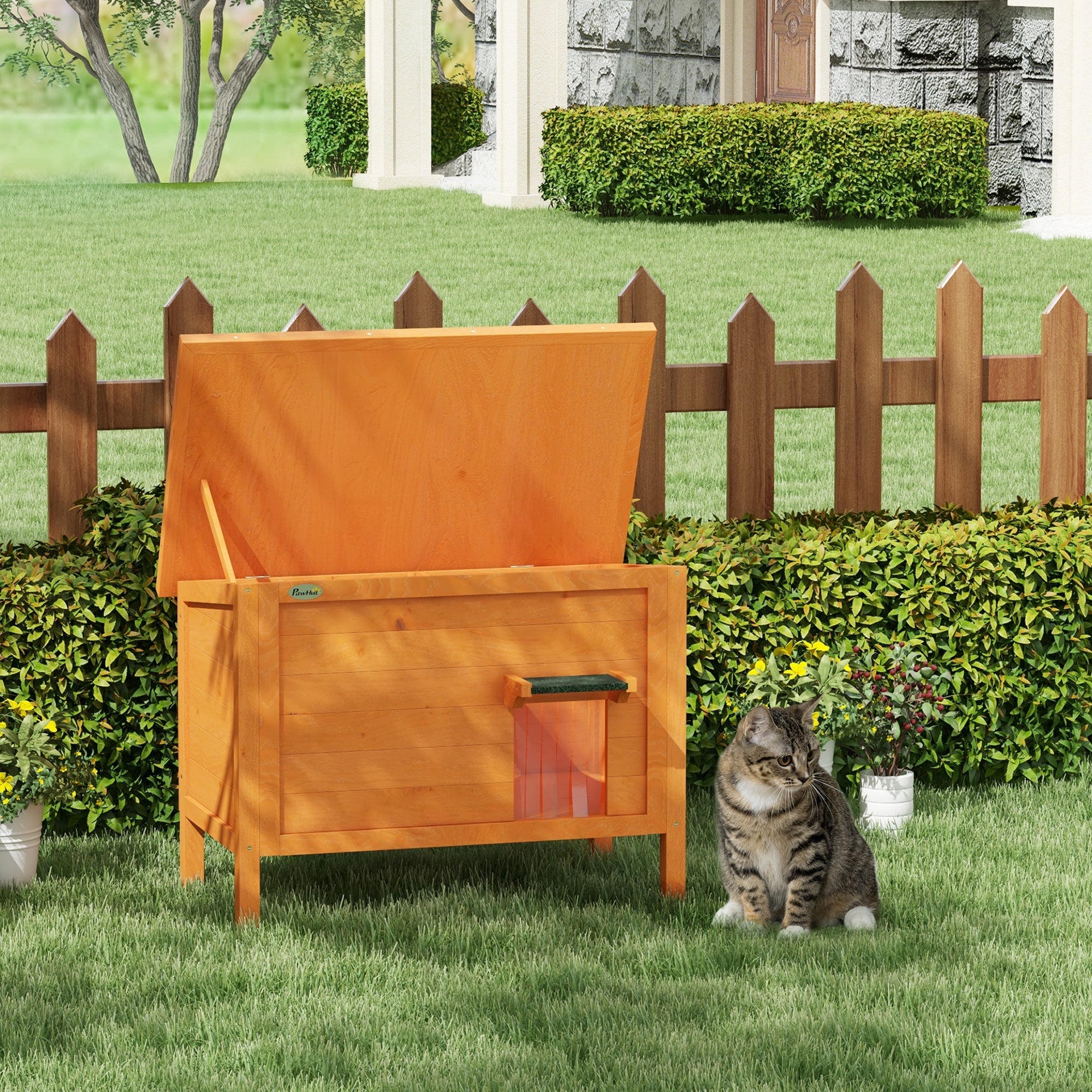 PawHut Katzenhaus Outdoor-Katzenhaus Katzenhütte, wetterbeständig, 1 Fenster, 1 Eingang, 85 x 50 x 68,5 cm, Orange+Grün