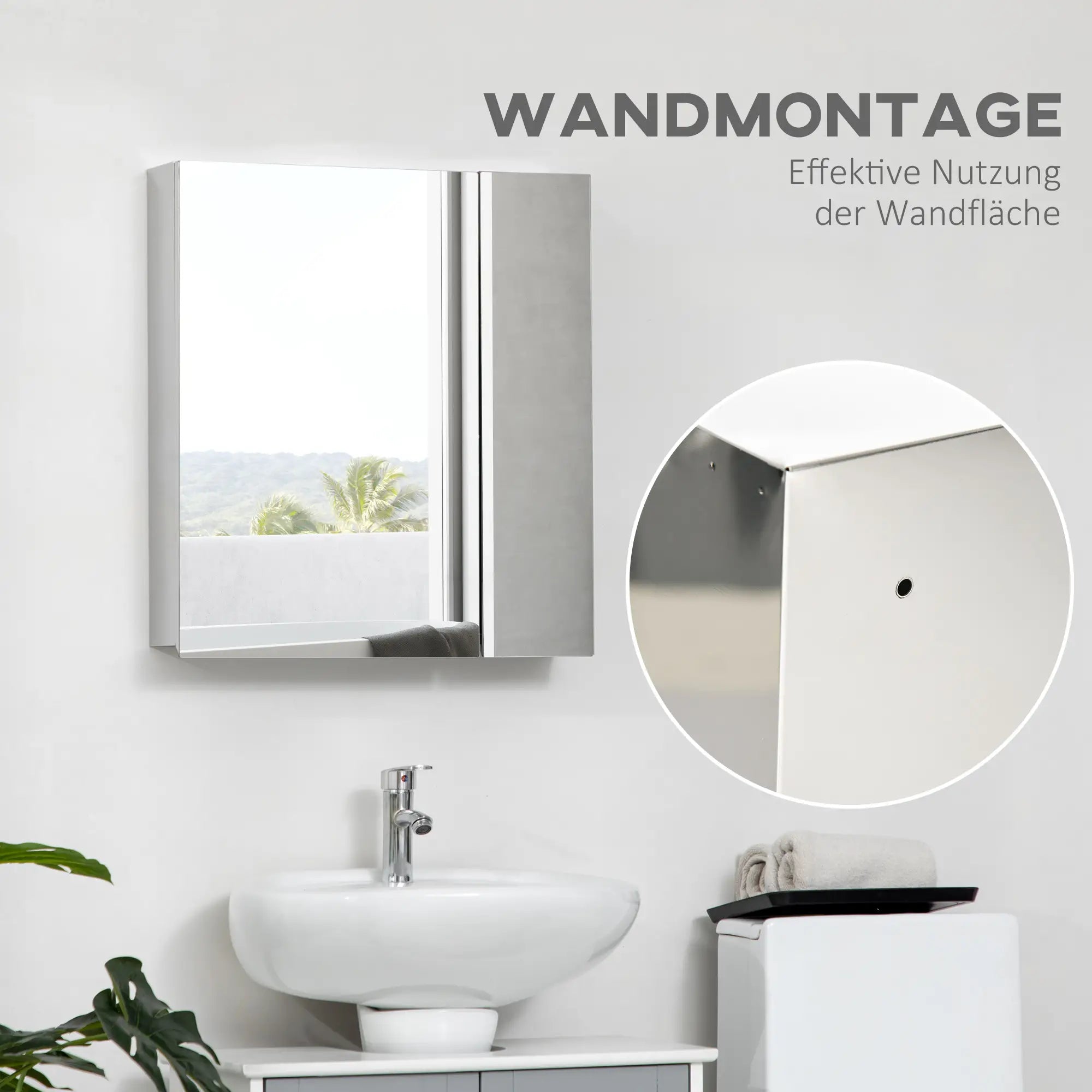 kleankin Spiegelschrank, Badschrank, 2 Spiegeltüren, 3 Innenböden, Edelstahl, Farbe: Silber, 54 x 13 x 60 cm