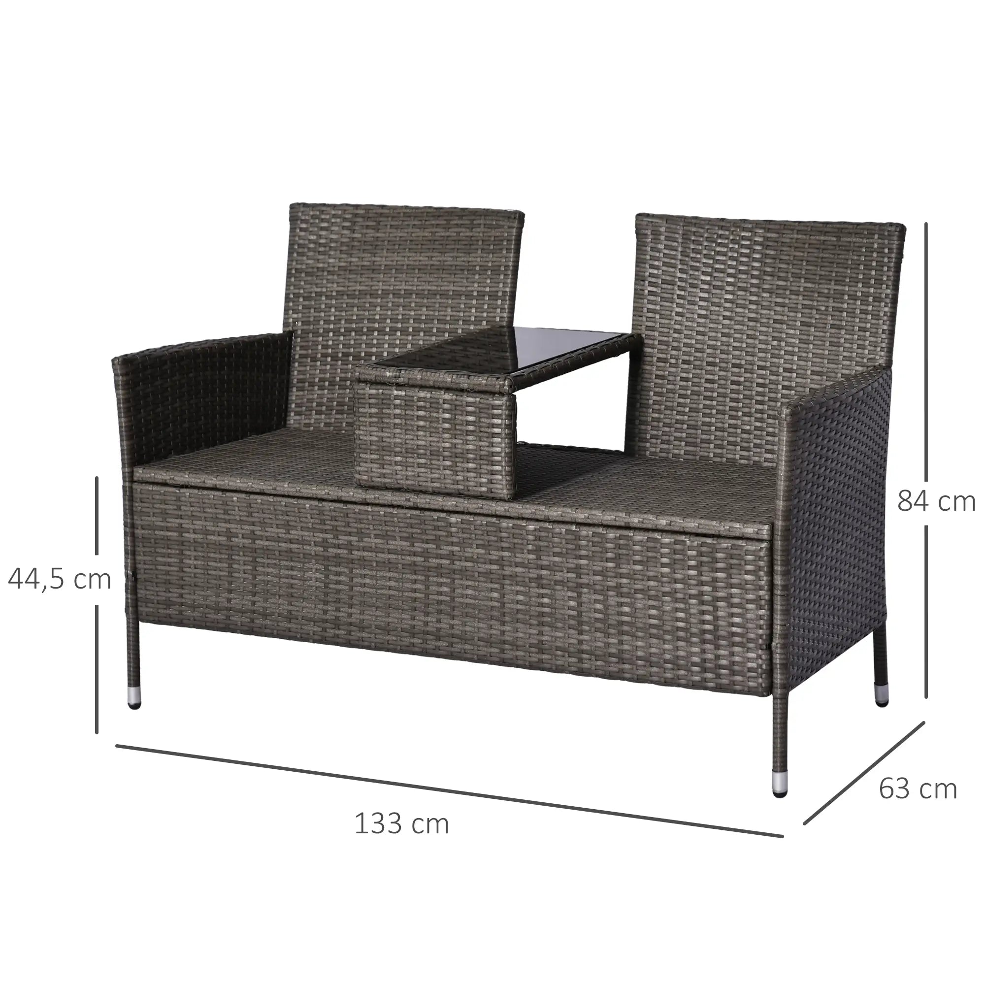 Outsunny Polyrattan Gartenbank 2-Sitzer mit integriertem Tisch Outdoor