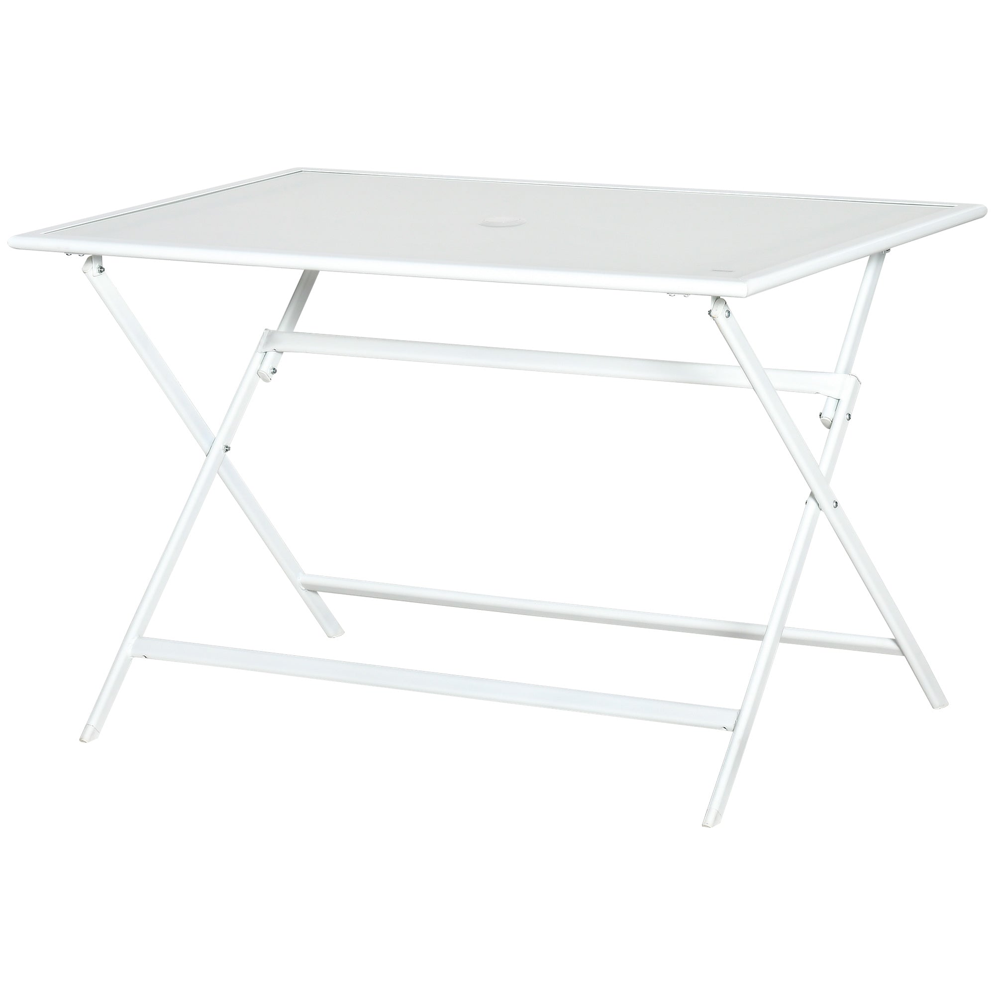 Outsunny Klapptisch Gartentisch mit Ø42mm Ø50mm Schirmloch Falttisch klappbar Beistelltisch Balkontisch Picknicktisch Esstisch Metall gehärtetes Glas Weiß 110 x 70 x 70 cm