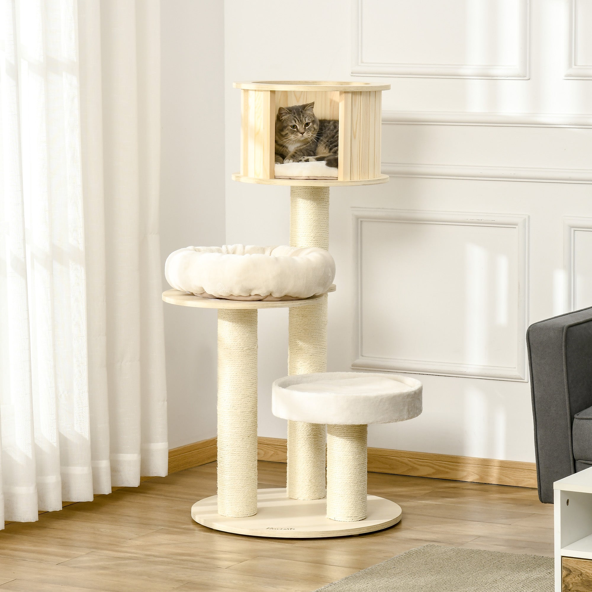 PawHut Kratzbaum Katzenbaum mit Katzenhöhle 122cm hoch, drei Ebenen, Holz