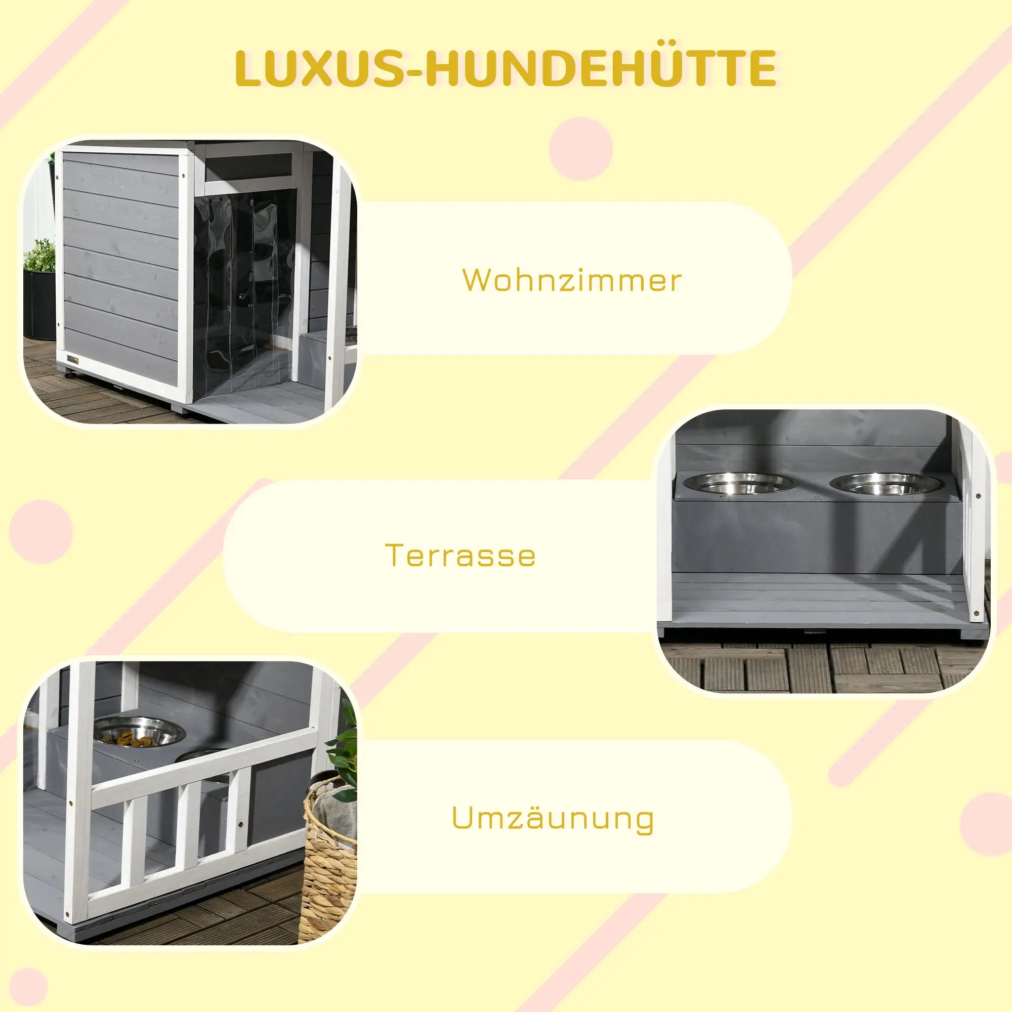 PawHut Hundehütte aus Massivholz, mit 2 Fressnäpfen, Veranda, wetterbeständig, 103 cm x 62 cm x 66 cm, Grau + Weiß