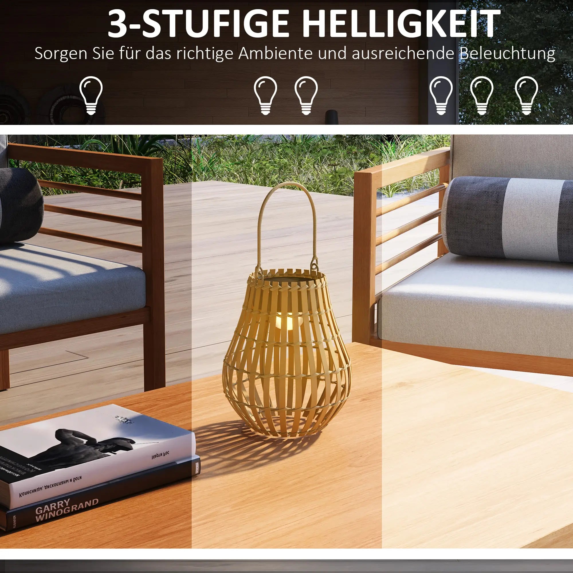 Outsunny Solar Gartenlampe USB aufladbar Bambus-Lampenschirm