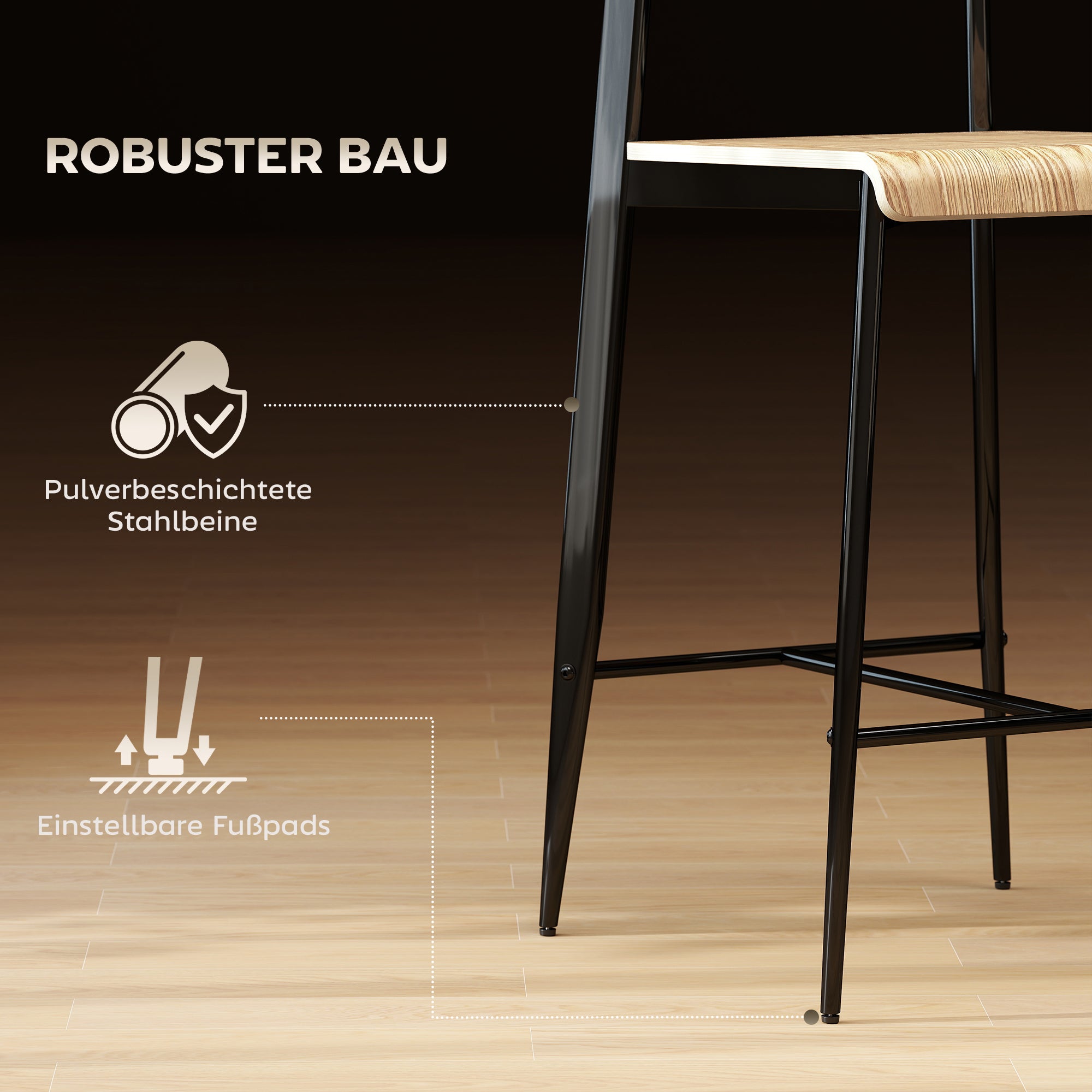 HOMCOM 2er-Set Barhocker, Barstühle mit Rückenlehne und Metallgestell, Holz, Hellbraun