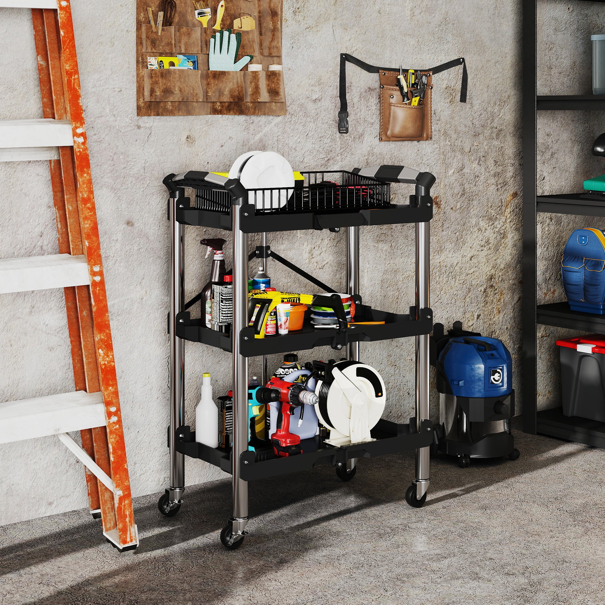 HOMCOM Werkzeug-Trolley, klappbarer 3-stufiger Werkzeugwagen, Kunststoff, Stahl, Schwarz