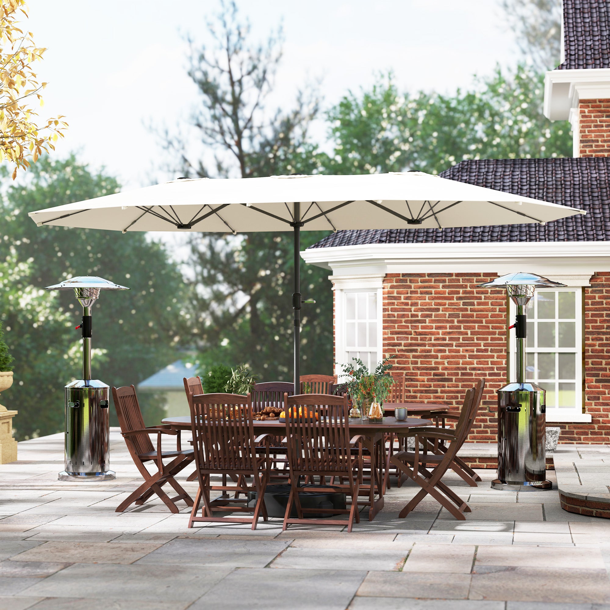 Outsunny Doppelsonnenschirm 436 x 260 cm, UV Schutz Stahl Sonnenschirm mit Handkurbel, oval Beige