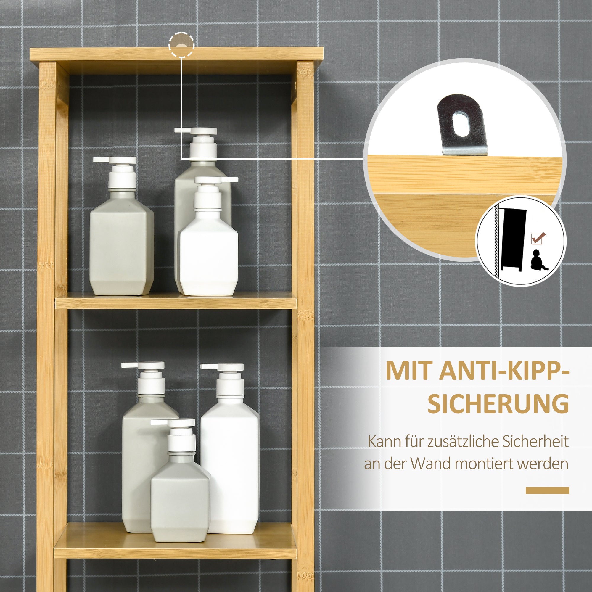 kleankin Badschrank, Hochschrank, drei Regalböden, ein Schrankfach mit Lamellentür, Kippschutz, Bambus, 34 x 30 x 173cm