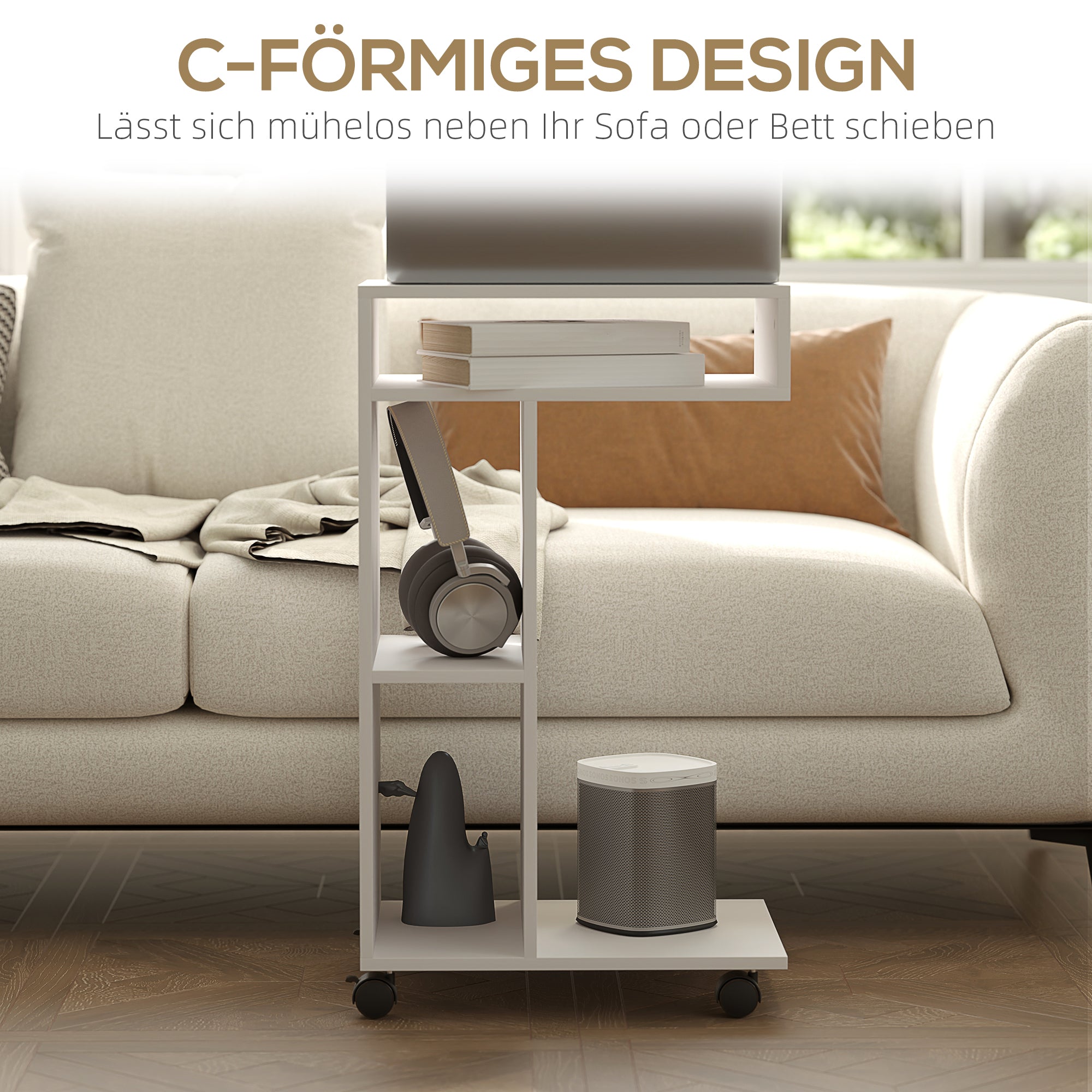 HOMCOM Beistelltisch, C-förmiger Servierwagen, 4 Rollen, 3 Fächer, 40 x 30 x 69 cm, Weiß