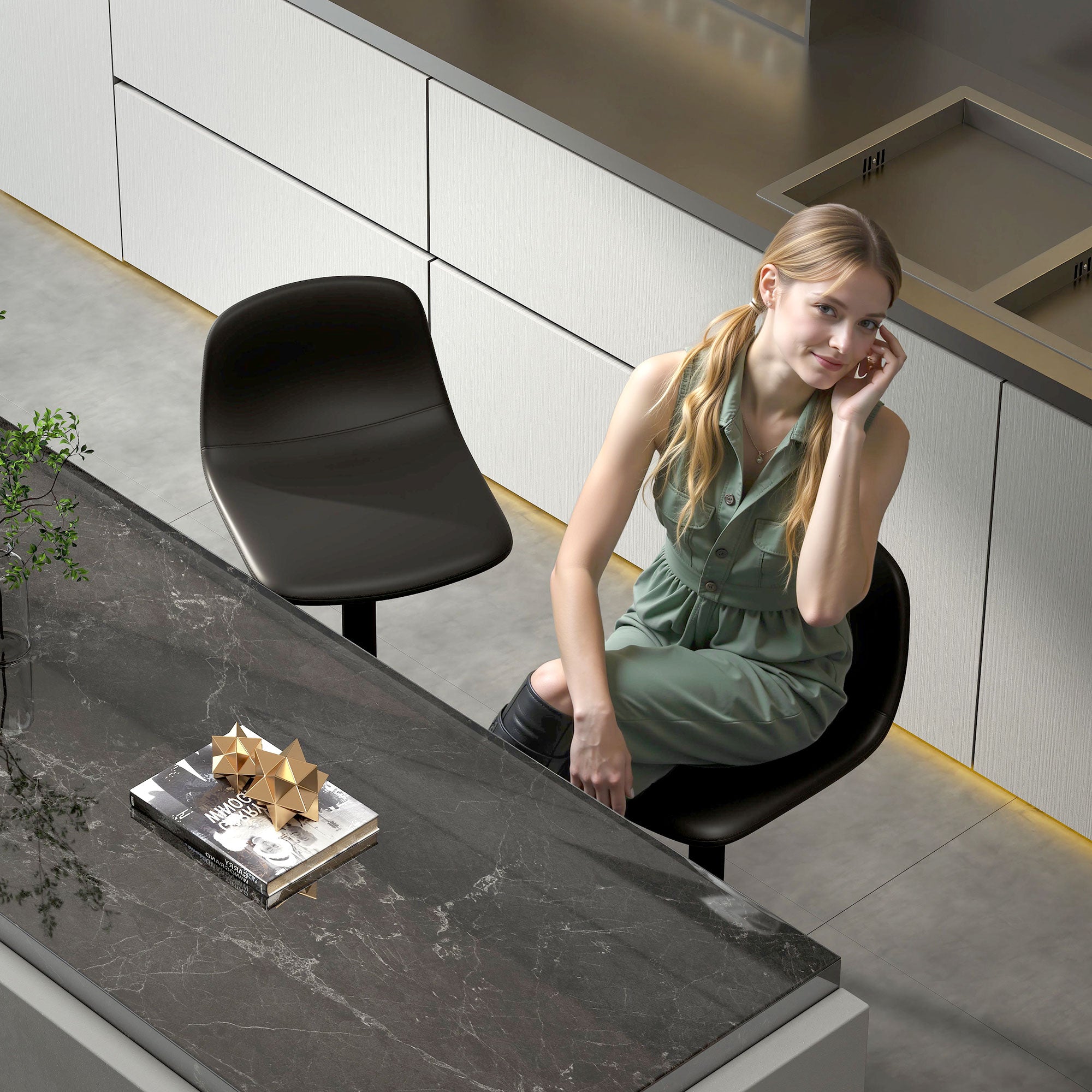 HOMCOM 2er-Set Barhocker, Barstühle mit Kunstlederbezug, drehbar, mit Rückenlehne und Fußstütze, Metallbasis, Schwarz