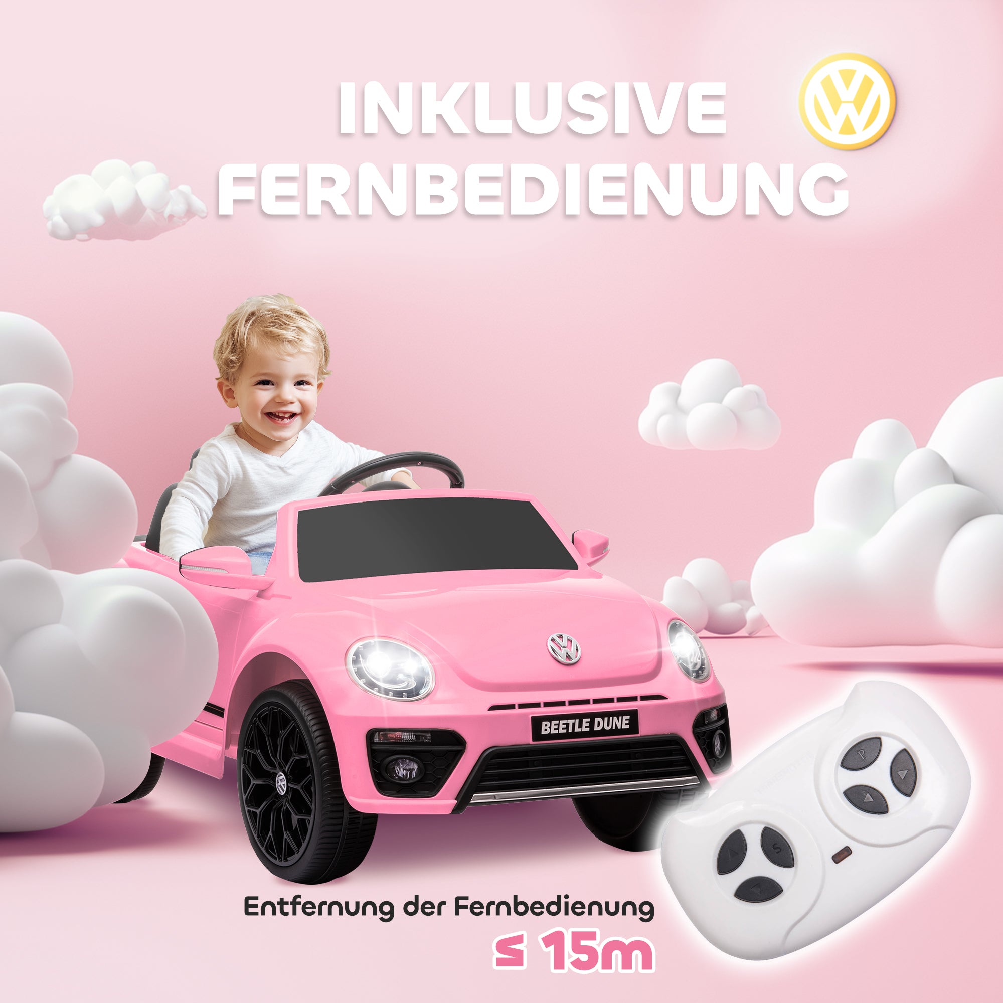 AIYAPLAY Elektro-Kinderfahrzeug, VW Käfer, 3-5 km/h, mit Fernbedienung & Musik, Rosa