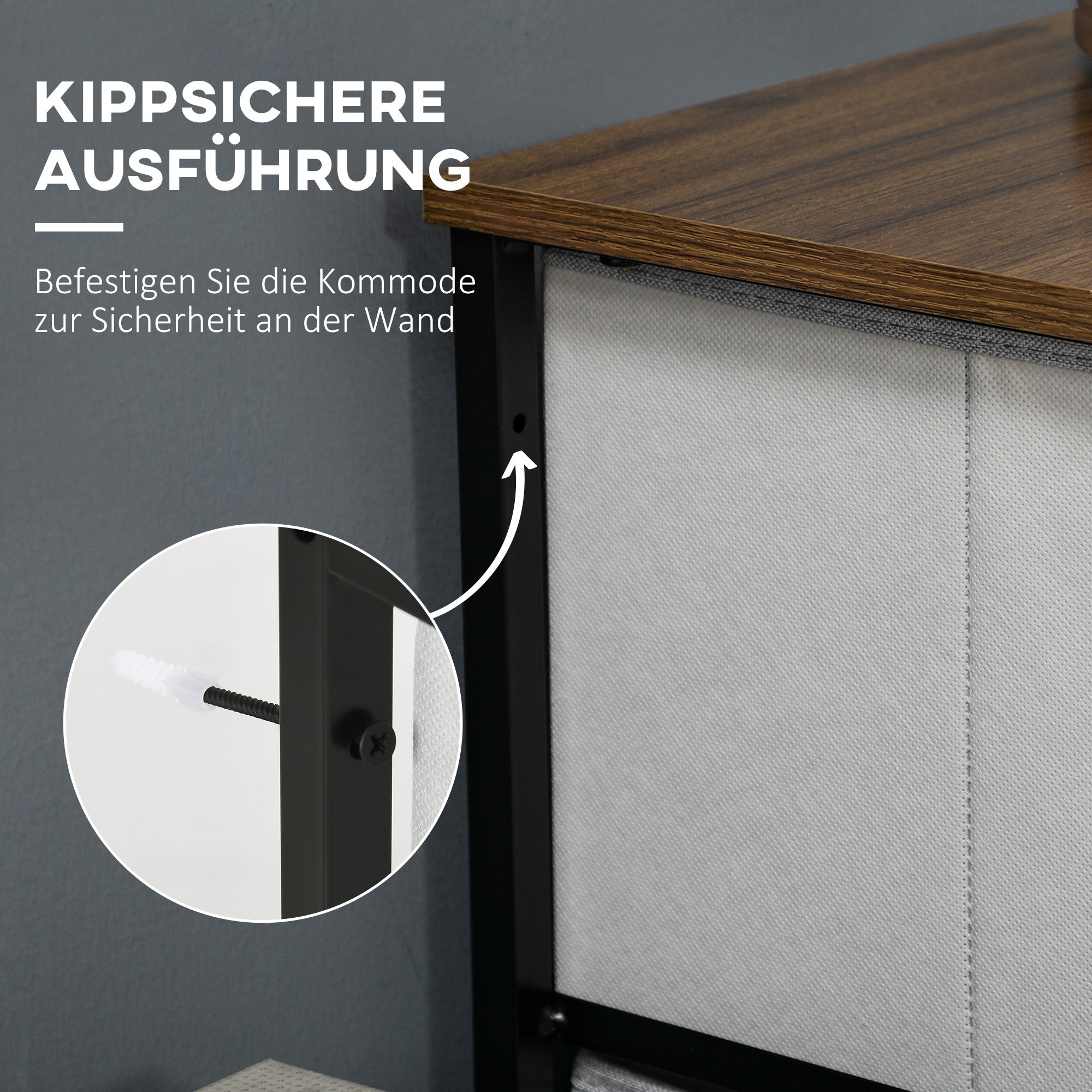 HOMCOM Kommode mit 8 Stoffschubladen, Metallrahmen, Ablage, 80x30x81,5 cm, Grau/Schwarz