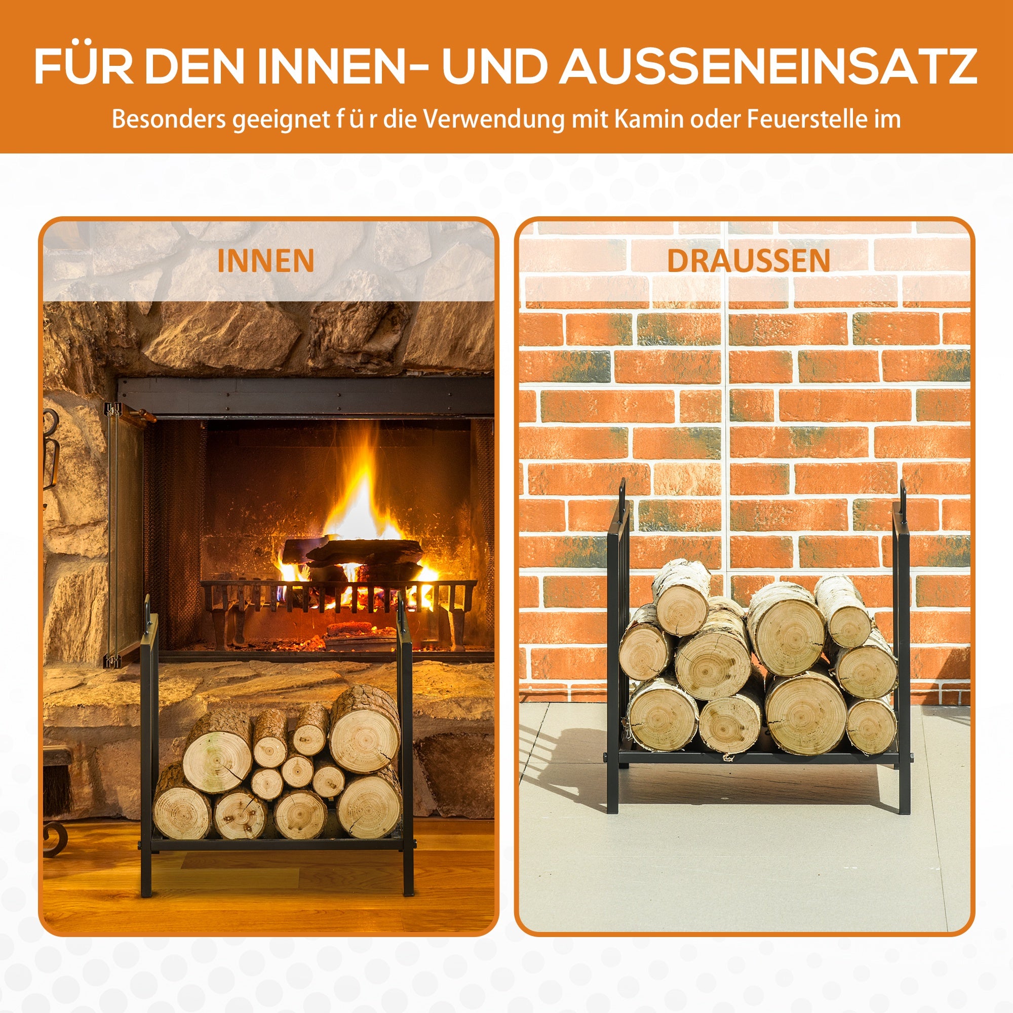 Outsunny Kaminholzregal Kaminholzständer mit zwei Griffen Kaminbesteck 50 kg belastbar Feuerholzablage Kaminwerkzeug Metall Schwarz 39 x 32,5 x 46 cm