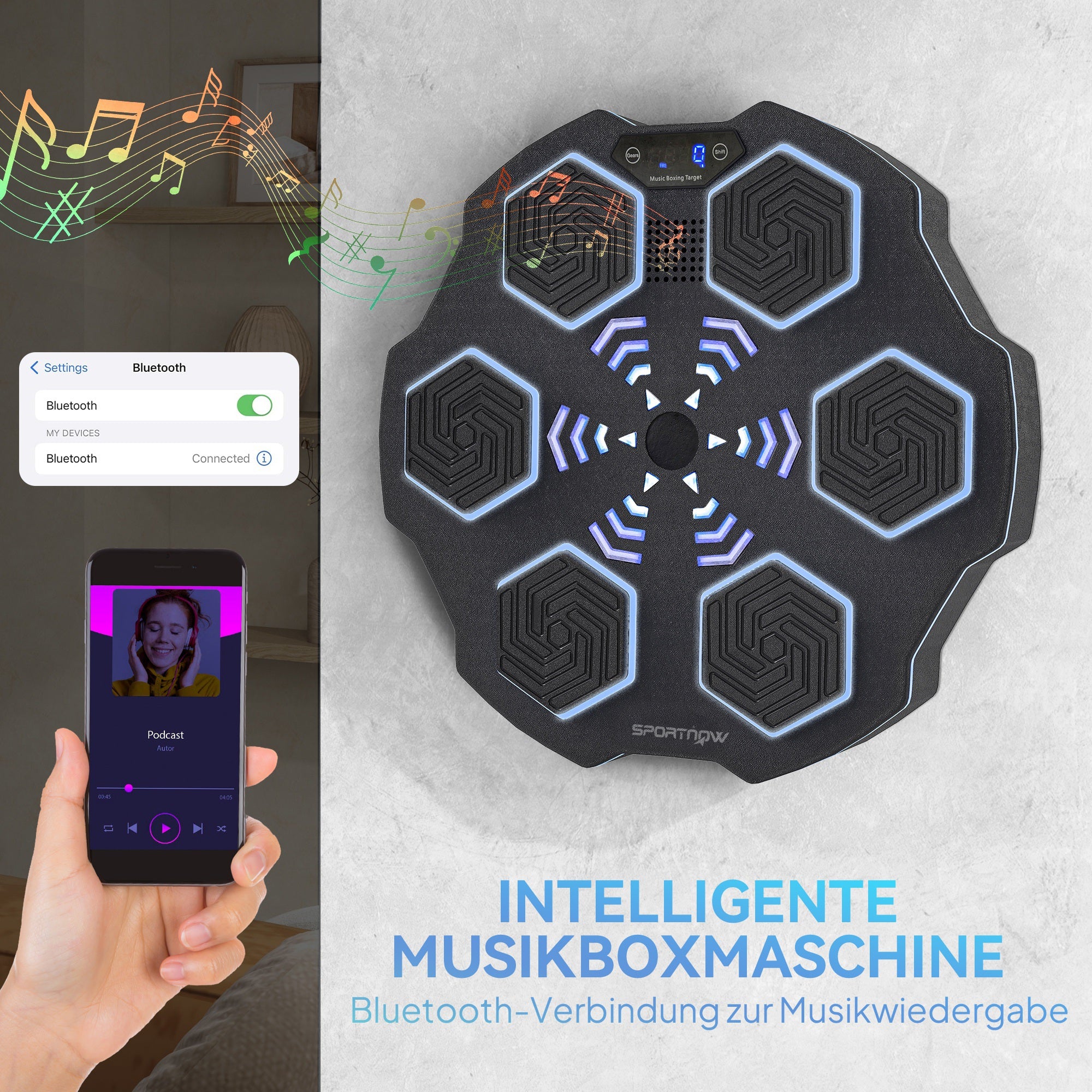 SPORTNOW Musikboxmaschine, Bluetooth-Boxgerät, Wandmontage, 9 Geschwindigkeiten und Modi, LED-Lichter, Schwarz