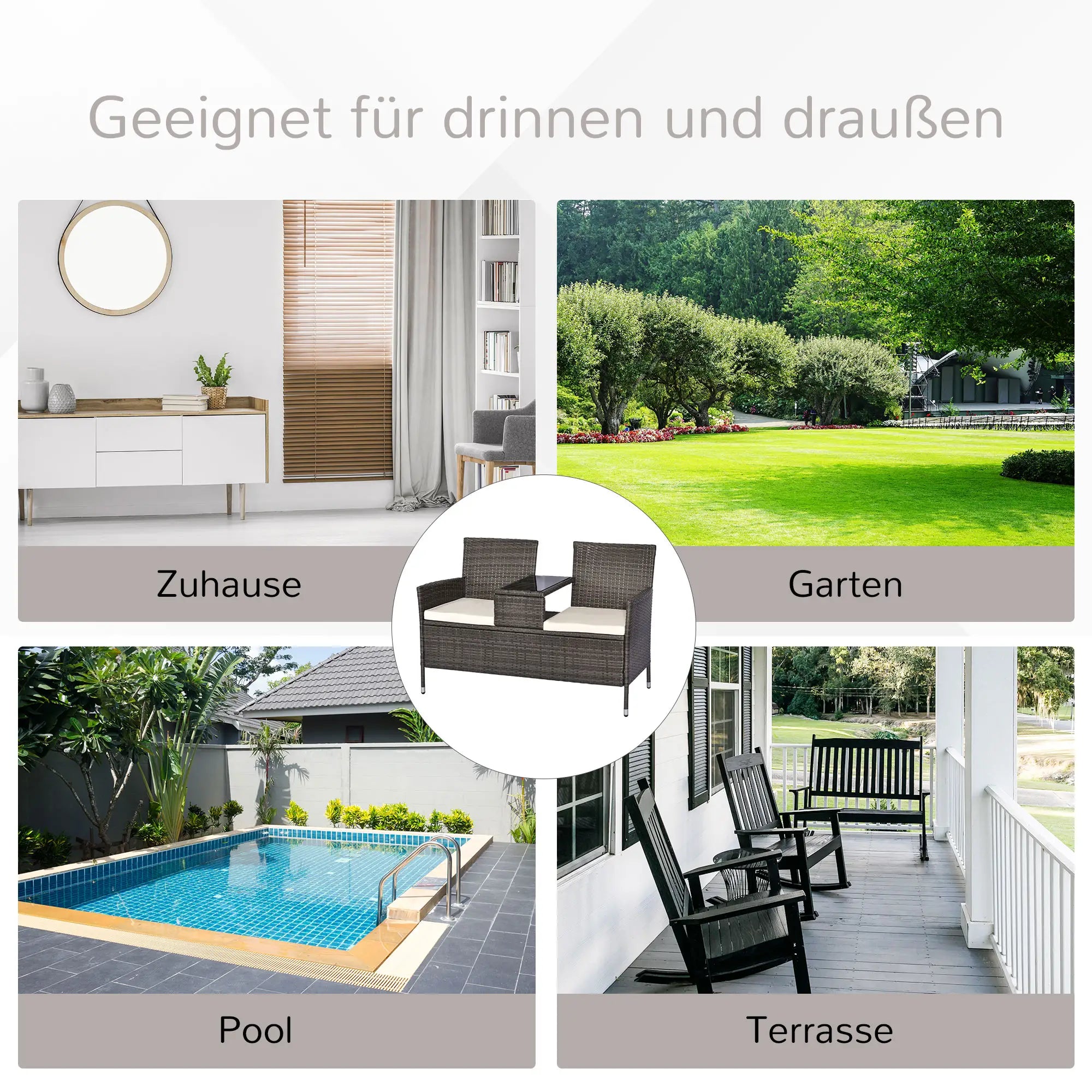 Outsunny Polyrattan Gartenbank 2-Sitzer mit integriertem Tisch Outdoor