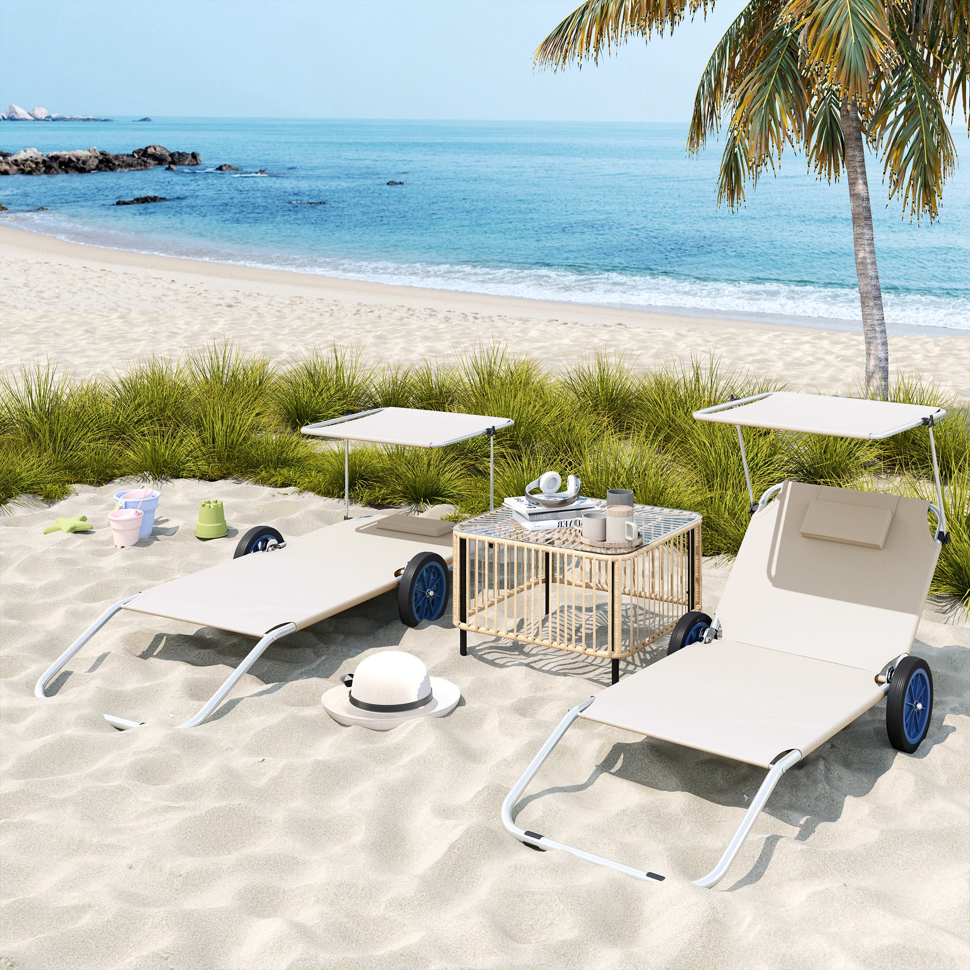 Outsunny Sonnenliege klappbar Gartenliege mit Kopfkissen Dach, Rolle Liegestuhl mit verstellbare Rückenlehne Beige