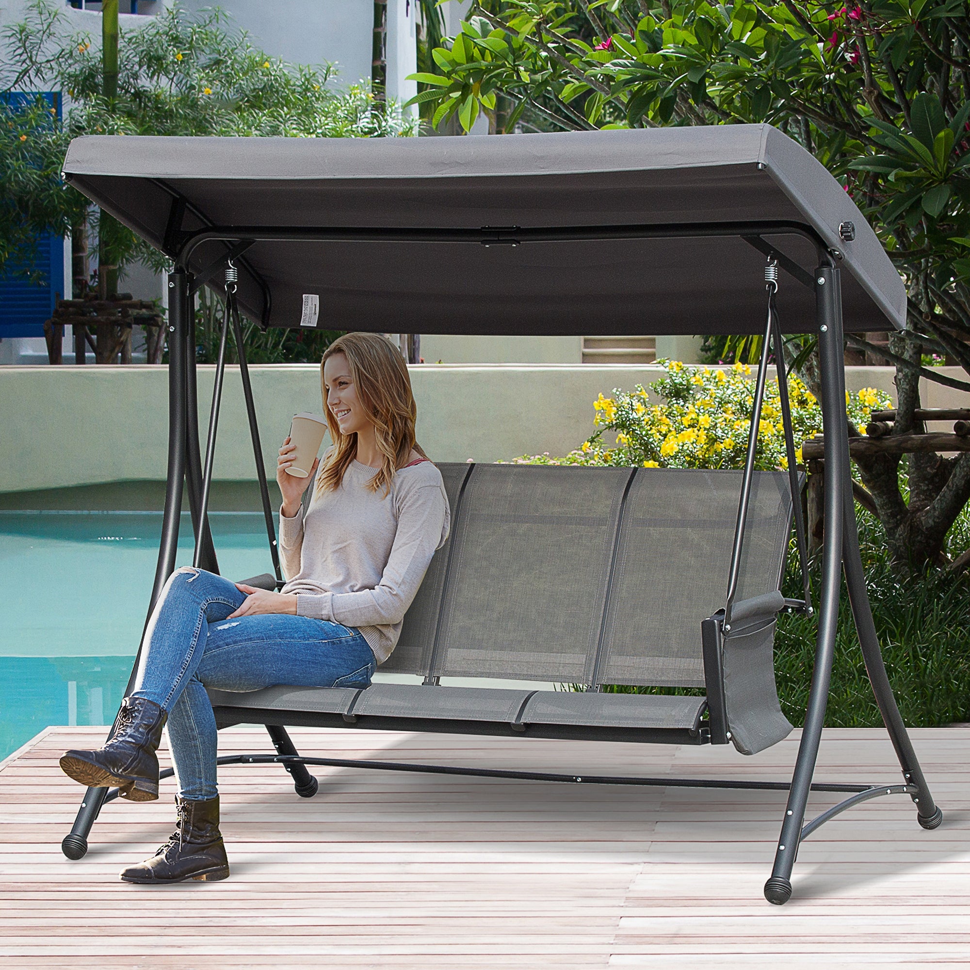 Outsunny Hollywoodschaukel mit Seitentasche, 3-Sitzer Gartenschaukel mit verstellbarem Sonnendach, Schaukelbank belast bis 300kg, für Garten, Terrasse, 196 x 128 x 172 cm, Dunkelgrau