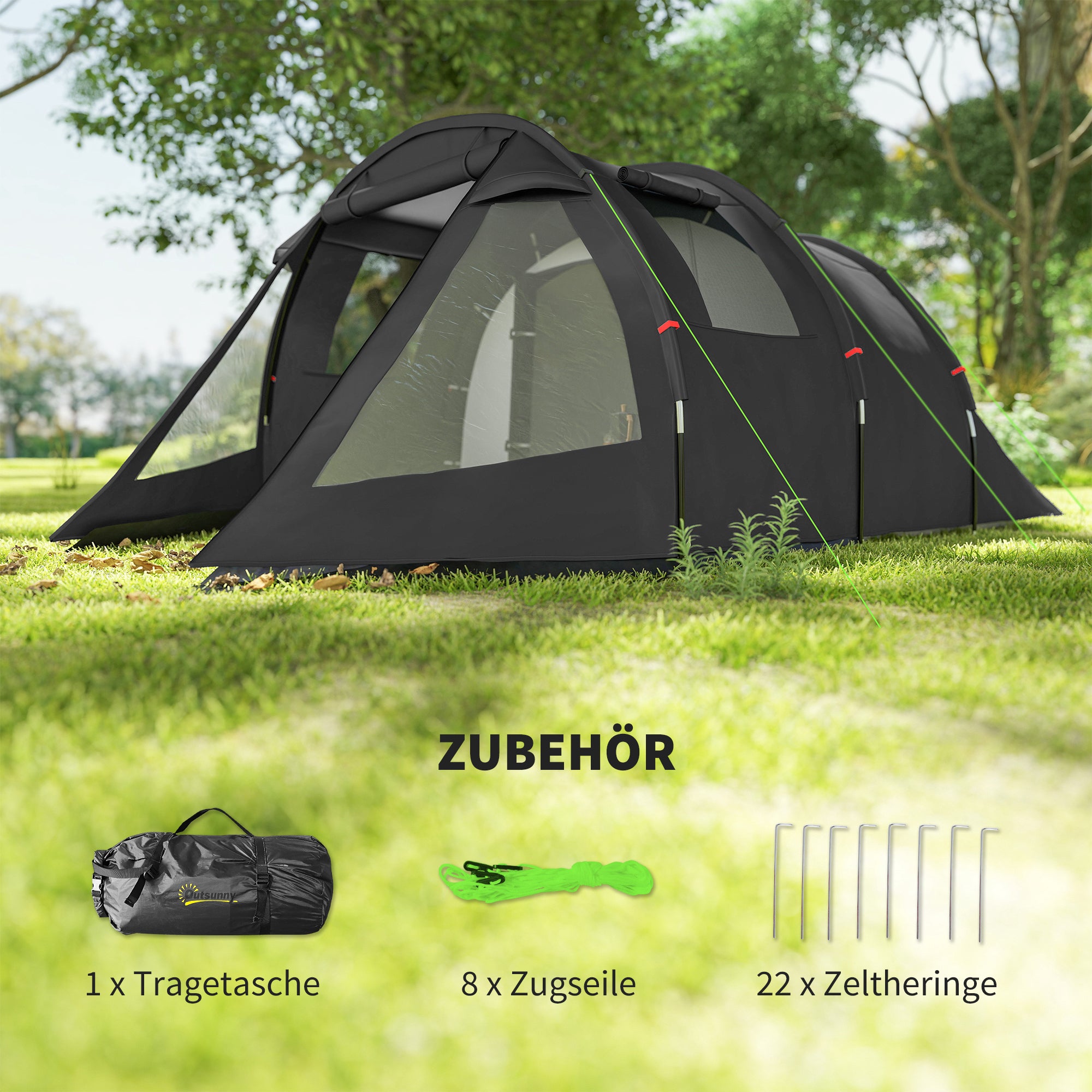 Outsunny Campingzelt Trekkingzelt Zelt, wetterbeständig, 2 Räume, 475 x 264 cm Breite x 172, Schwarz