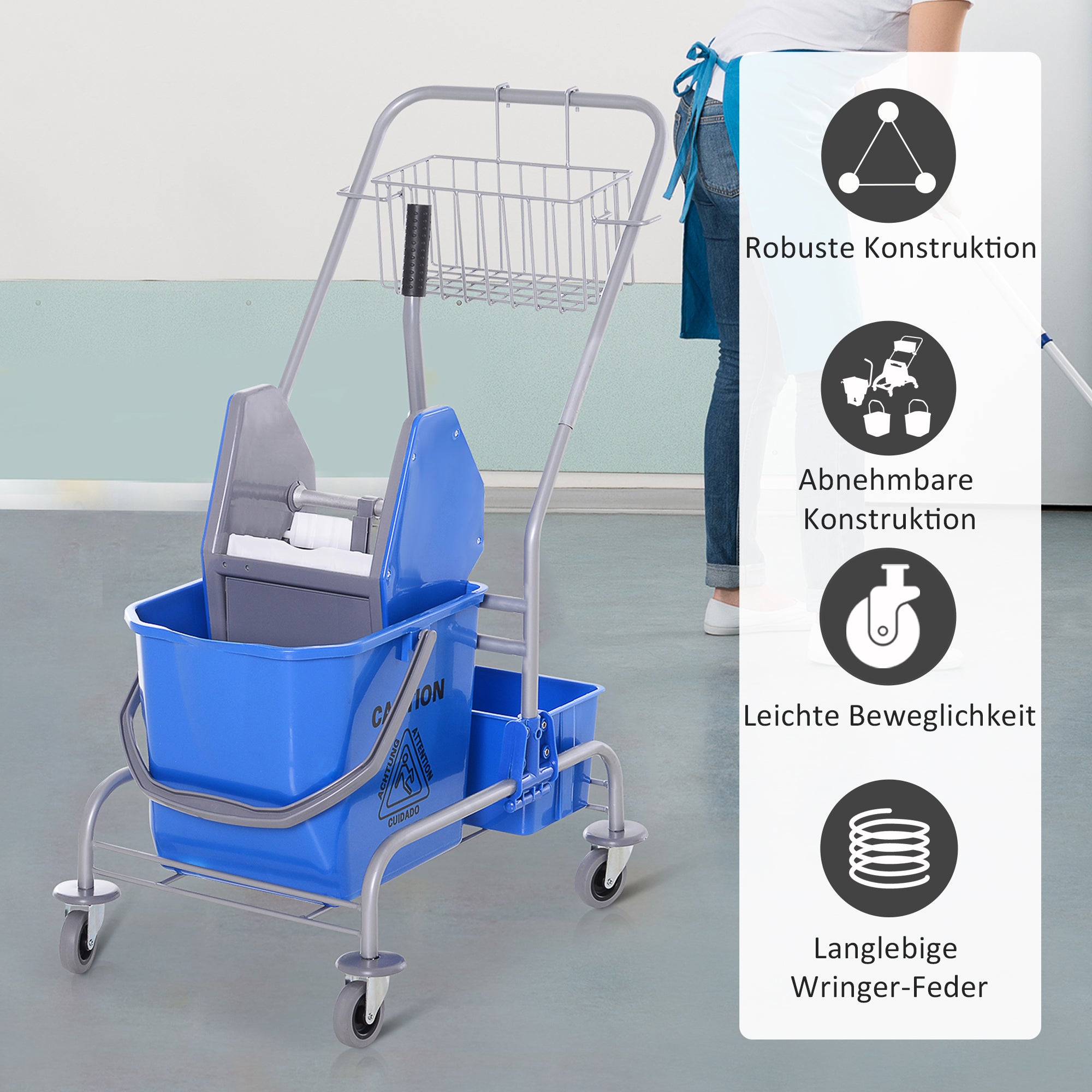 HOMCOM Reinigungswagen, Moppwagen, 25 L Fassungsvermögen, 4 Räder, Kunststoff, Blau