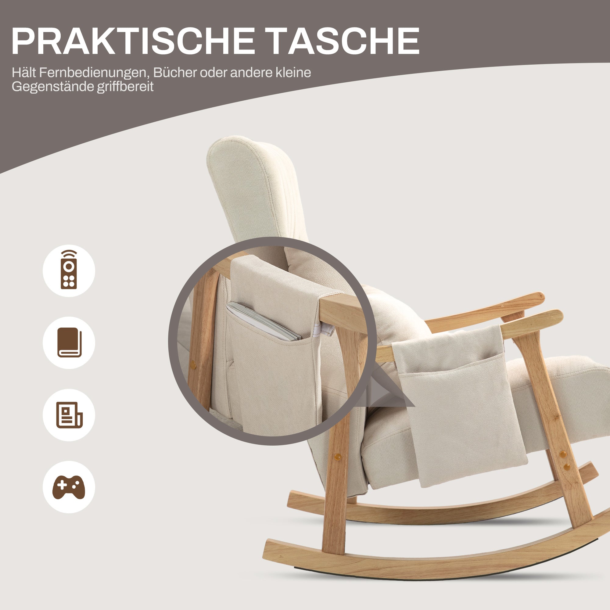 HOMCOM Schaukelstuhl mit Nierenkissen, breiter Sitz, Buchenrahmen, bis 120 kg, Beige