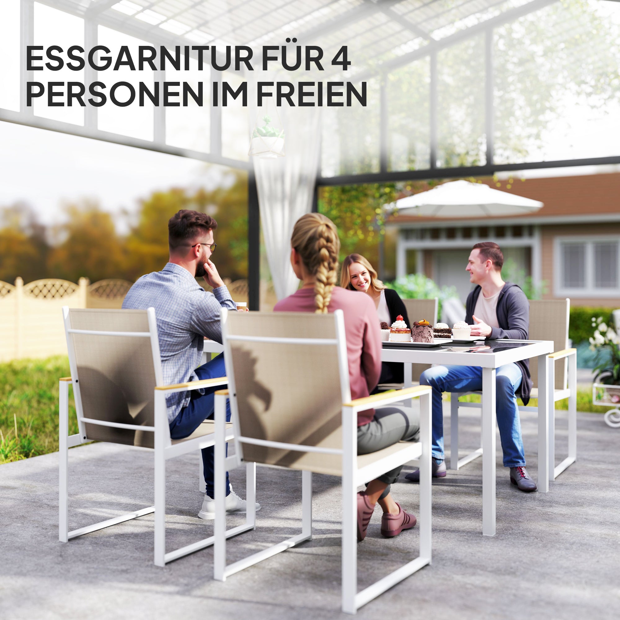 Outsunny 5-teiliges Ess-Set, Outdoor-Tisch aus Hartglas, 4 Stühle, wetterbeständig, Stahlrahmen, Terrassenmöbel, Mehrfarbig
