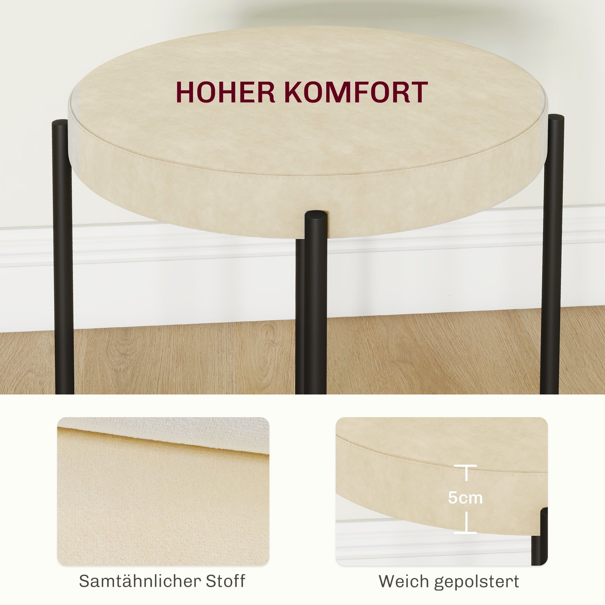 HOMCOM Küchenhocker 4-er Set, stapelbar, Samtoptik, bis 100kg, Metallrahmen, 41,5 x 41,5 x 46 cm, Cremeweiß