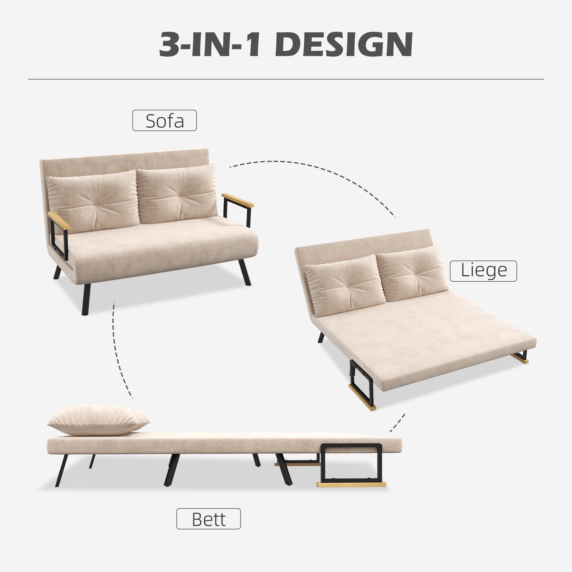 HOMCOM Schlafsofa 2er-Sofa Samtsofa, Schlaffunktion, inkl. 2 Kissen, Samtoptik, Natur + Beige + Schwarz