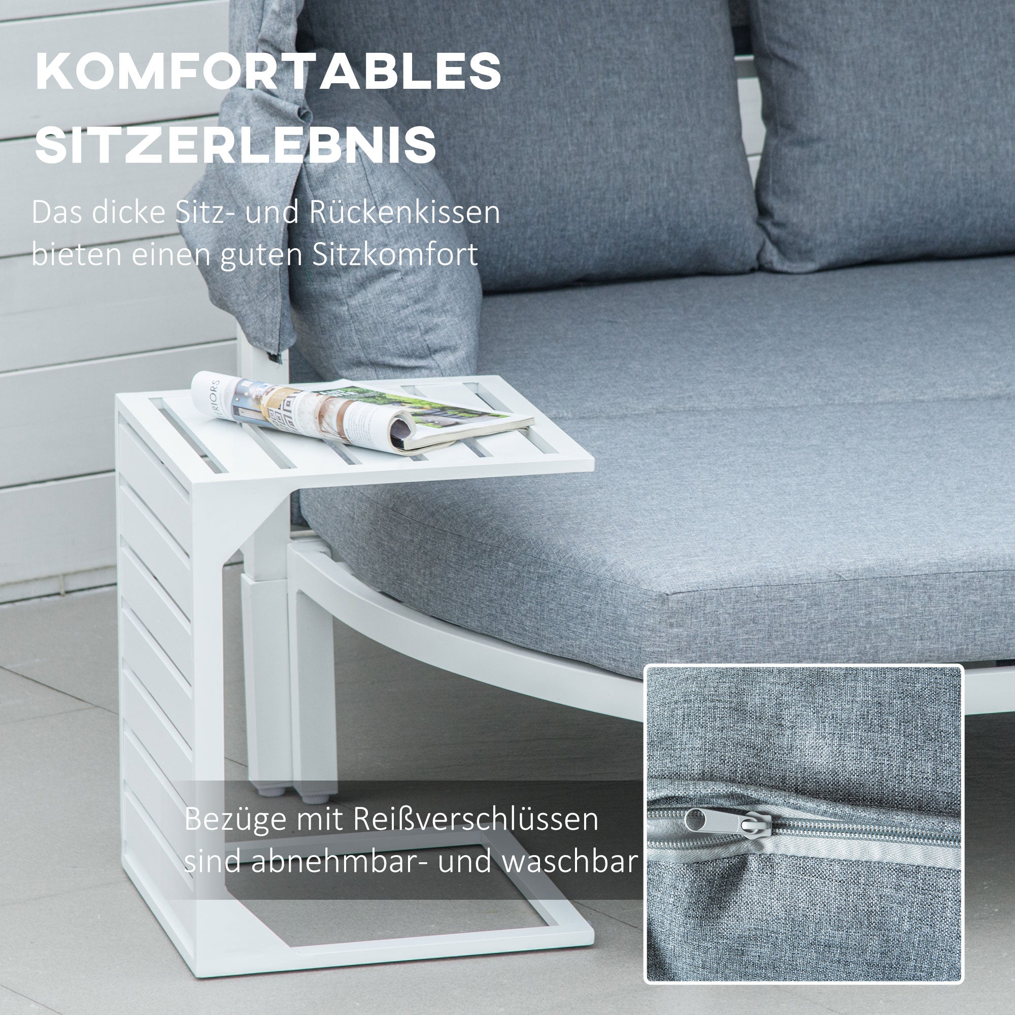 Outsunny Gartenmöbel-Set für 5 Personen, Sonneninsel, Gartensofa mit Baldachin, inkl. Kissen, Weiß + Grau