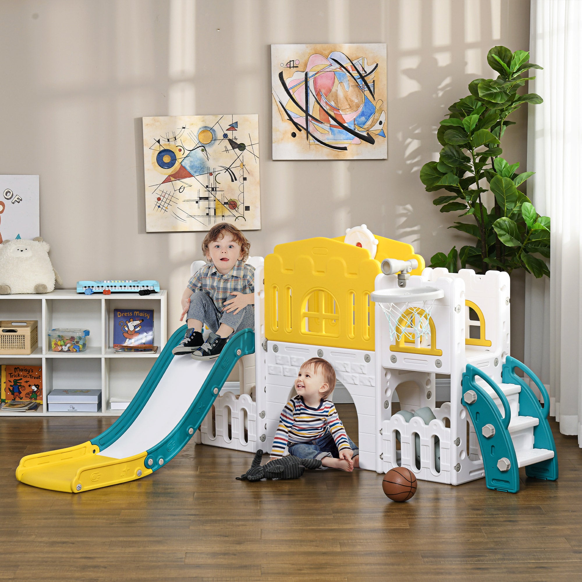 AIYAPLAY Kinderrutsche, 7-in-1 Spielgerüst, mit Basketball & Lenkrad, für 1-3 Jahre, 178x177x99cm, Gelb/Weiß/Grün