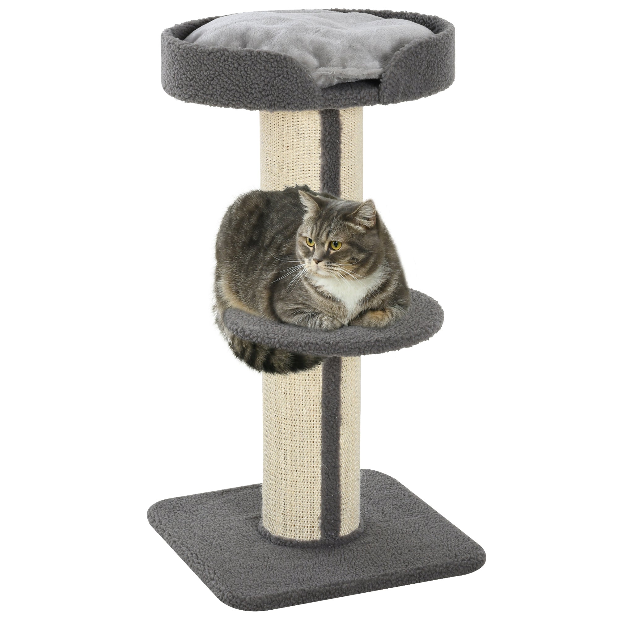 PawHut Kratzbaum 91 cm Katzenturm mit Sisalstämme, Plattform, Kissen mehrstöckiger Katzenkratzbaum, Kletterbaum, für mittelgroße Katzen, Grau