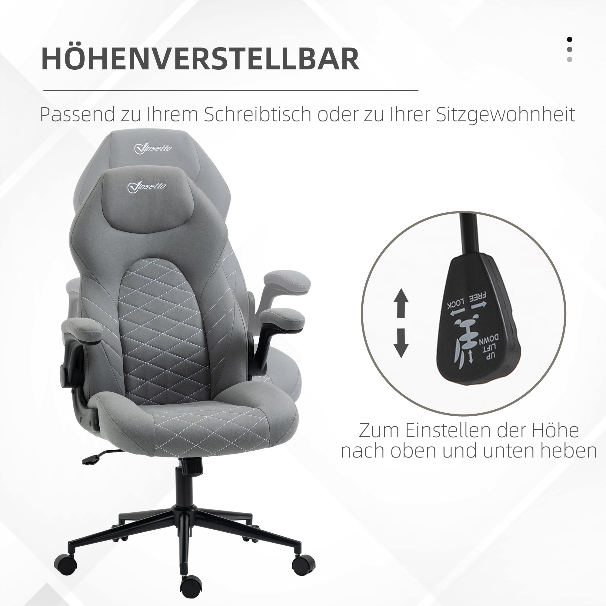 Vinsetto Bürostuhl mit Rückenlehne, höhenverstellbar, klappbare Armlehnen, Wippfunktion, Hellgrau