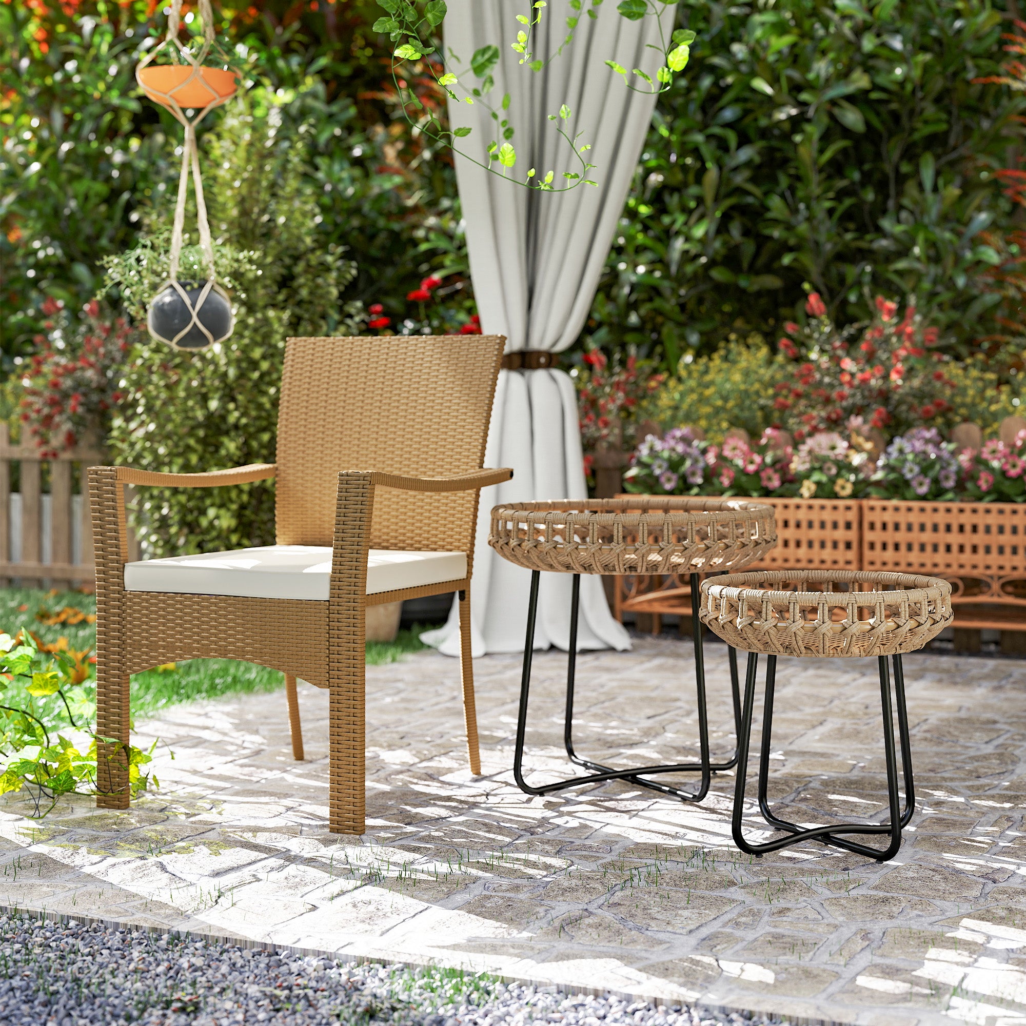 Outsunny 2er Set Beistelltisch Polyrattan Ø60/41 cm rund wetterfest Gartentisch mit X-Beine Verstellbare Fußpads Braun