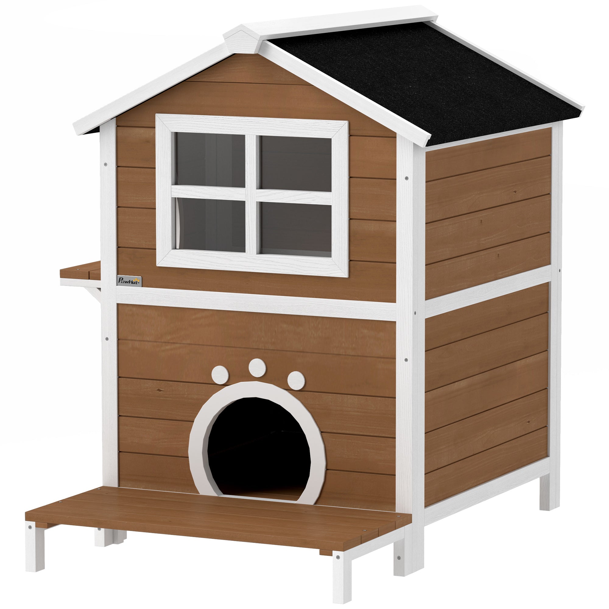 PawHut Outdoor-Katzenhaus mit wetterfestem Dach, Fenster, Balkon, herausnehmbarem Boden, 2 Ebenen, für 1-2 Katzen, Braun