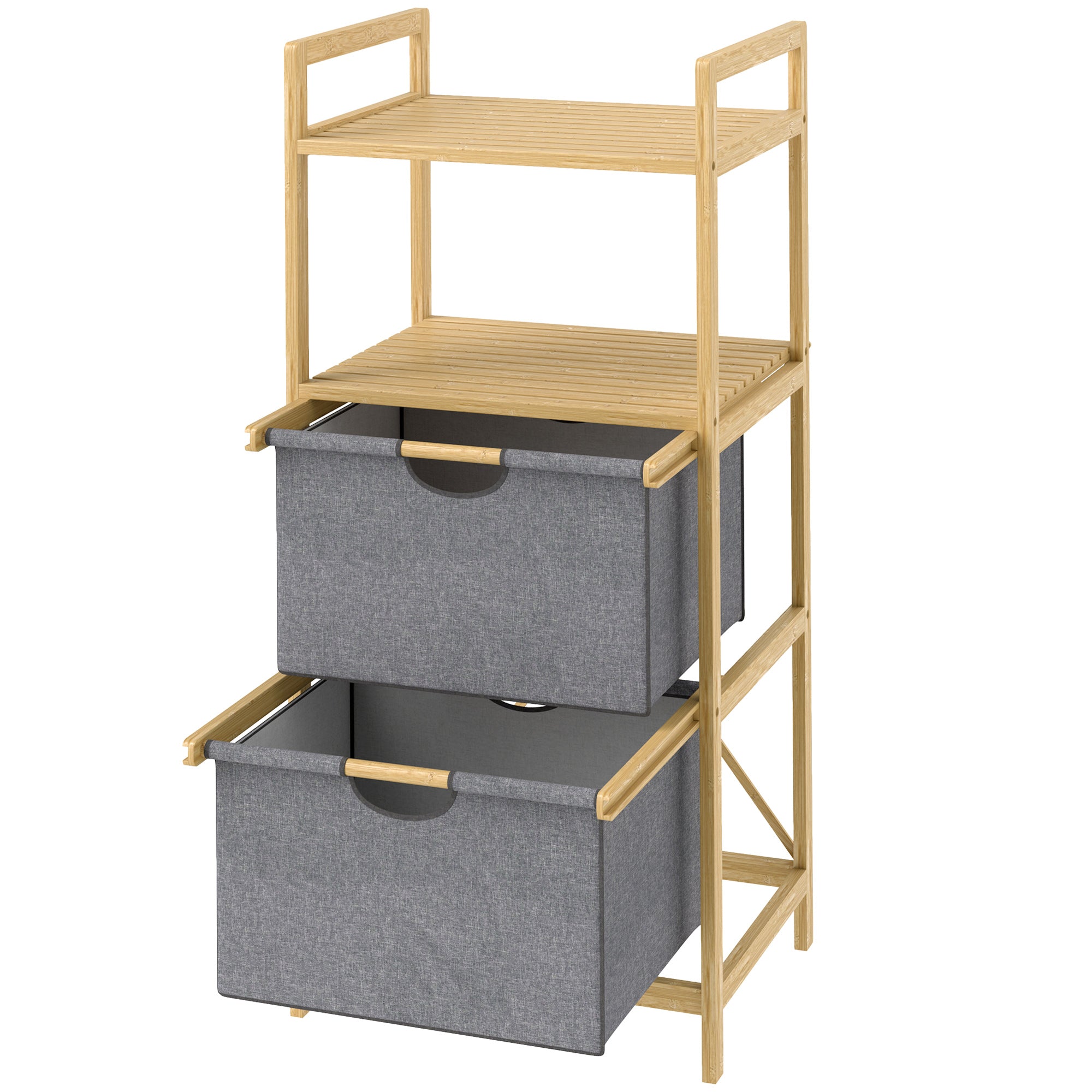 HOMCOM Bambus-Wäscheregal, mit 2 Wäschekörben aus Stoff, offene Ablagen, platzsparend, Naturholz