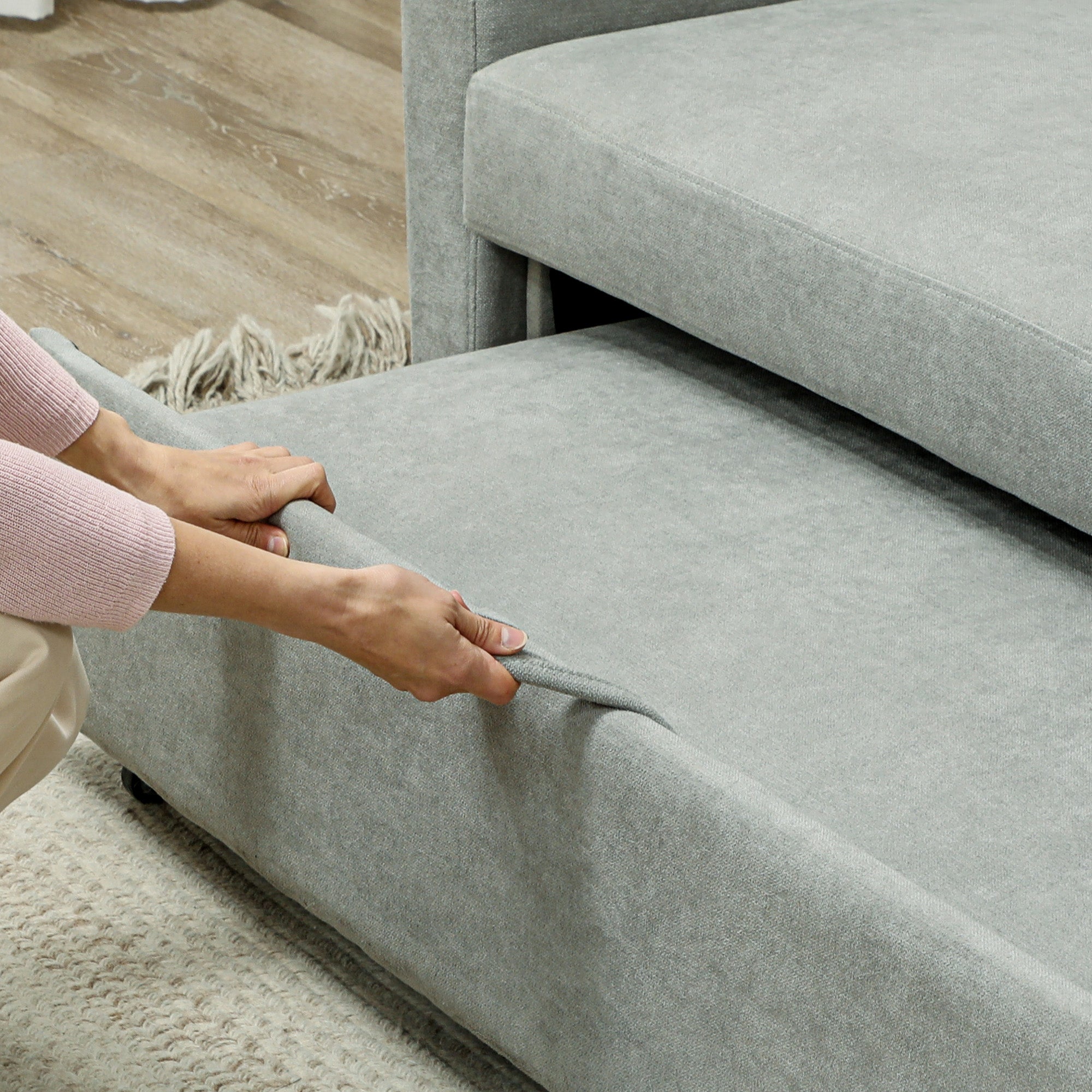 HOMCOM 2-Sitzer Sofa mit Bettfunktion, Verstellbarer Rückenlehne, Polstersofa, Samtoptik, für Wohnzimmer, Schlafzimmer, Hellgrau