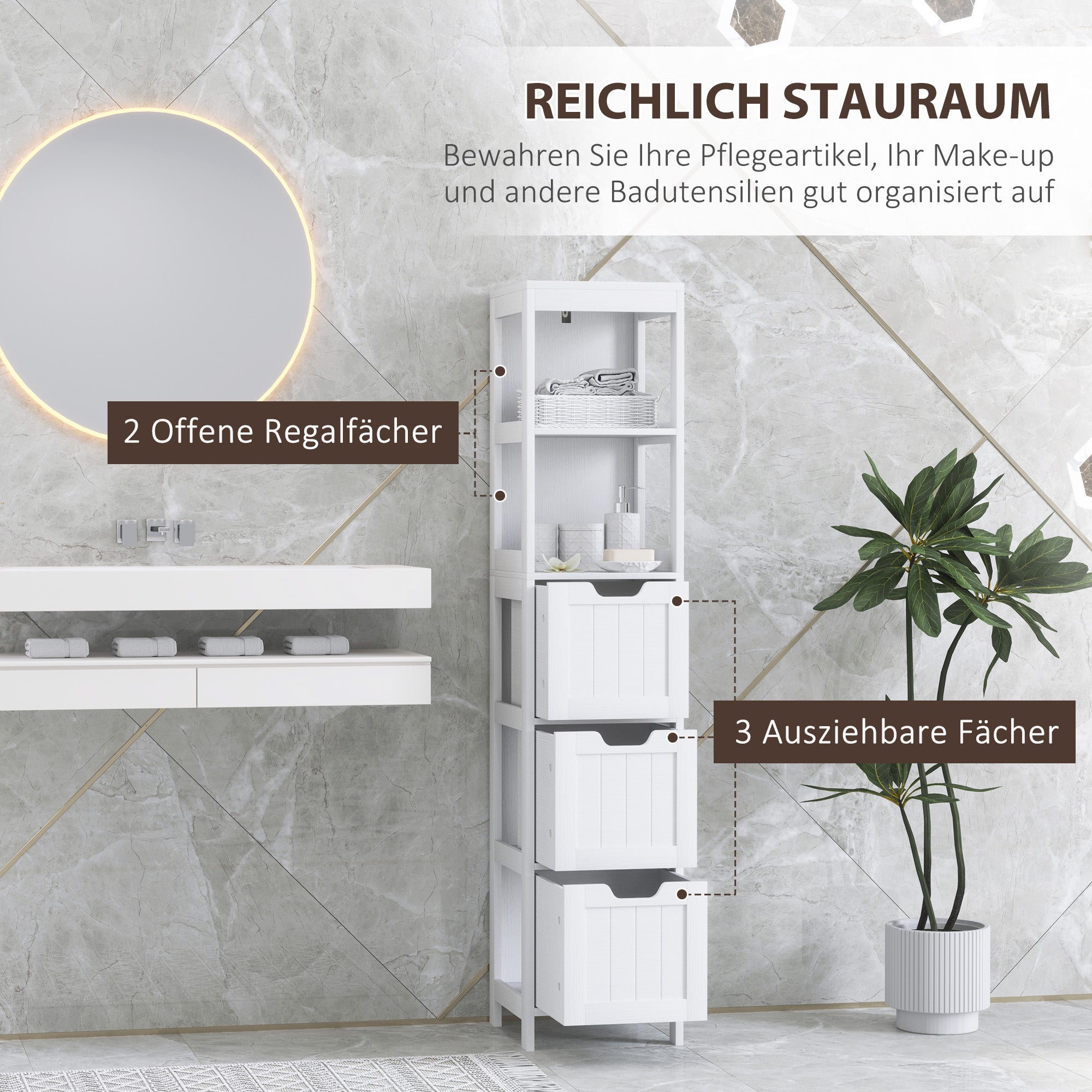 HOMCOM Badezimmerschrank, 2 Regale, 3 Schubladen, wasserabweisendes Material, Weiß