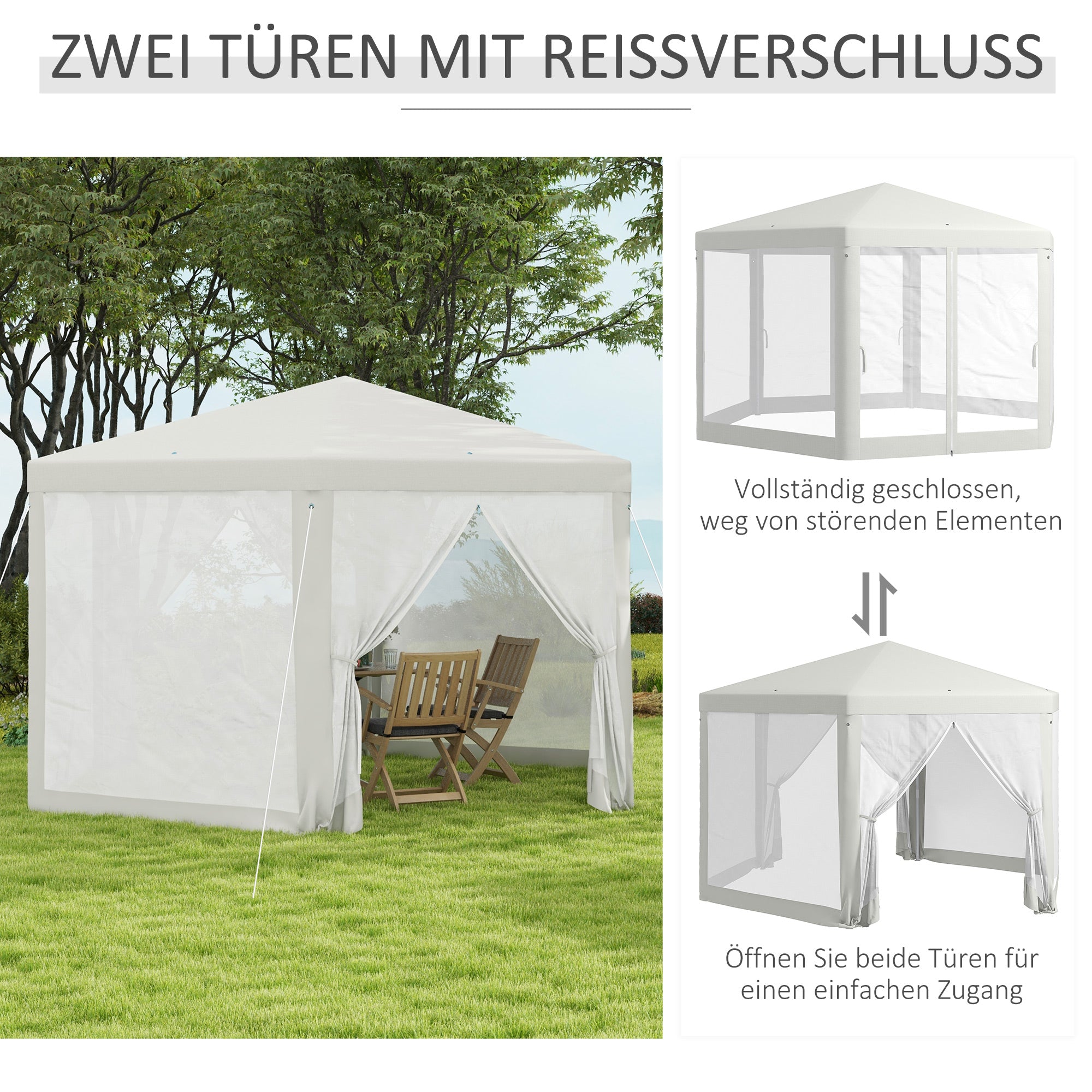 Outsunny Gartenpavillon, 6-eckig, Netzvorhänge, Metallgestell, 3,94x3,412x2,5m, Creme