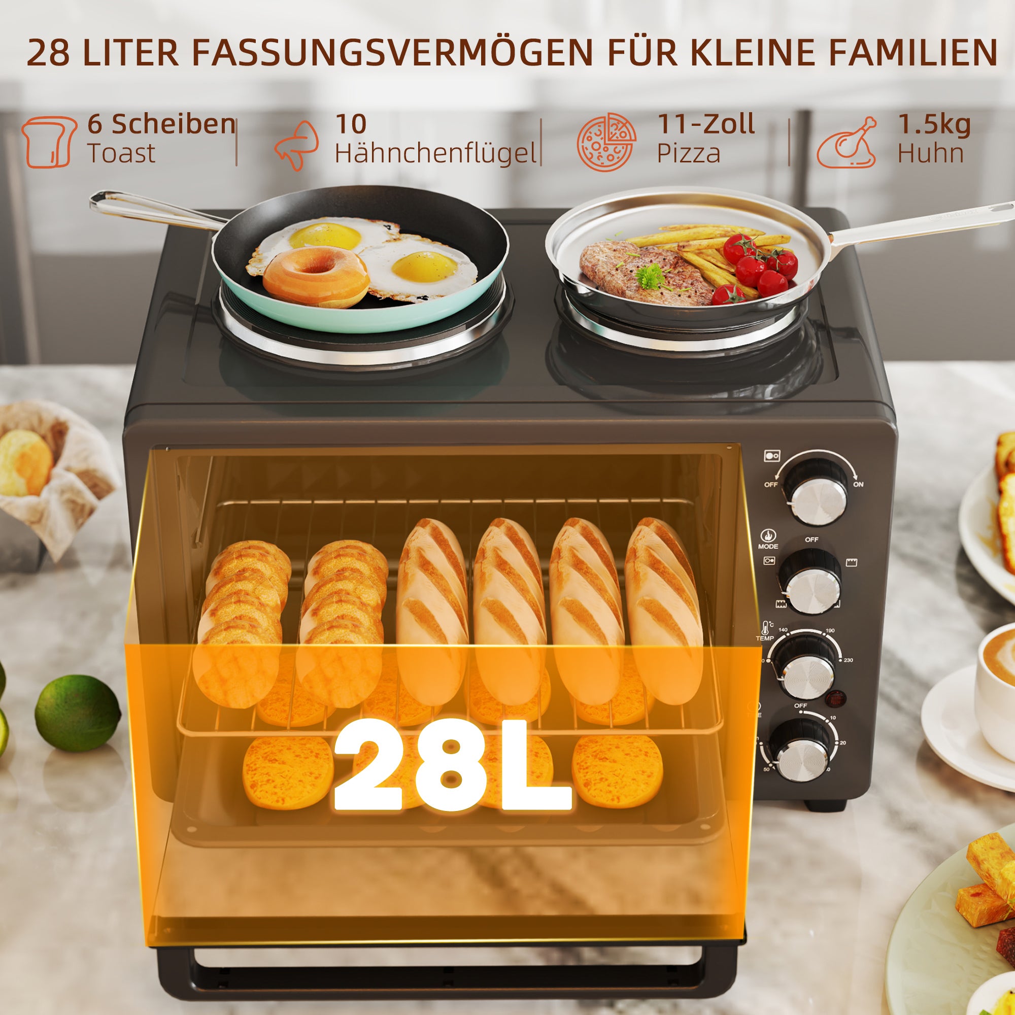 HOMCOM 28 L Toasterofen, Kompakter Backofen zum Kochen und Grillen, Elektro-Ofen mit Backblech, Grillrost, 2600W, Schwarz