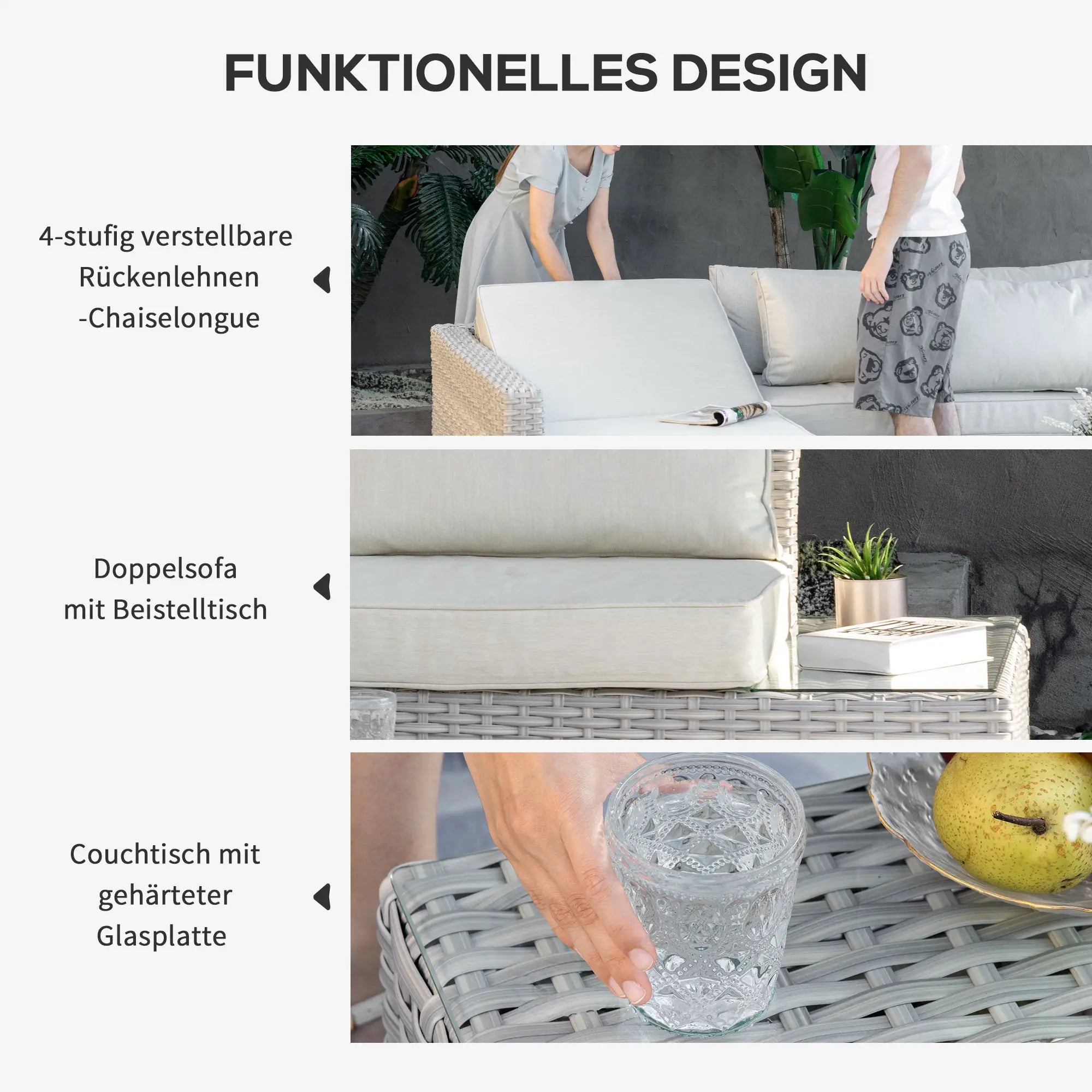 Outsunny Polyrattan Gartenmöbelset 3-tlg. verstellbar Aluminium