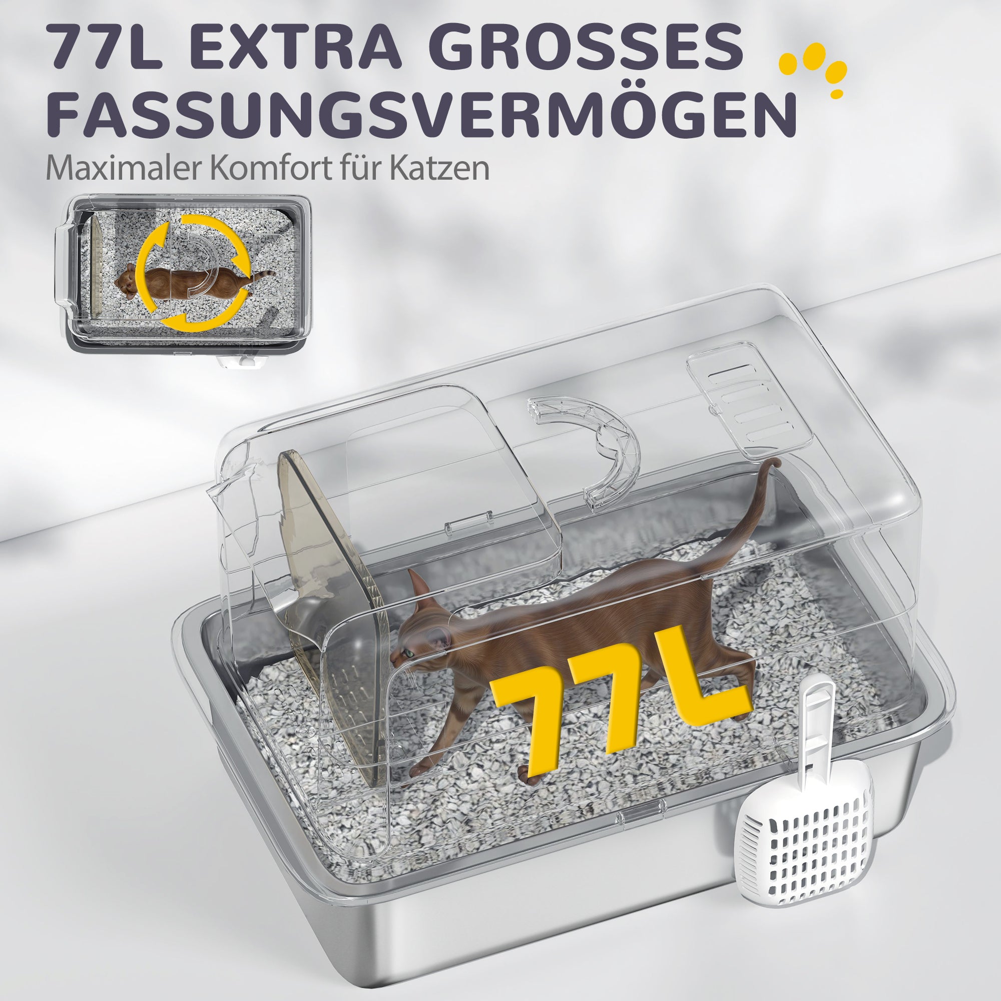 PawHut Katzentoilette, Wanne aus Edelstahl, Filter, Schaufel, für Katzen bis 6 kg, 40,5 x 60,5 x 41,5 cm, Weiß/Silber