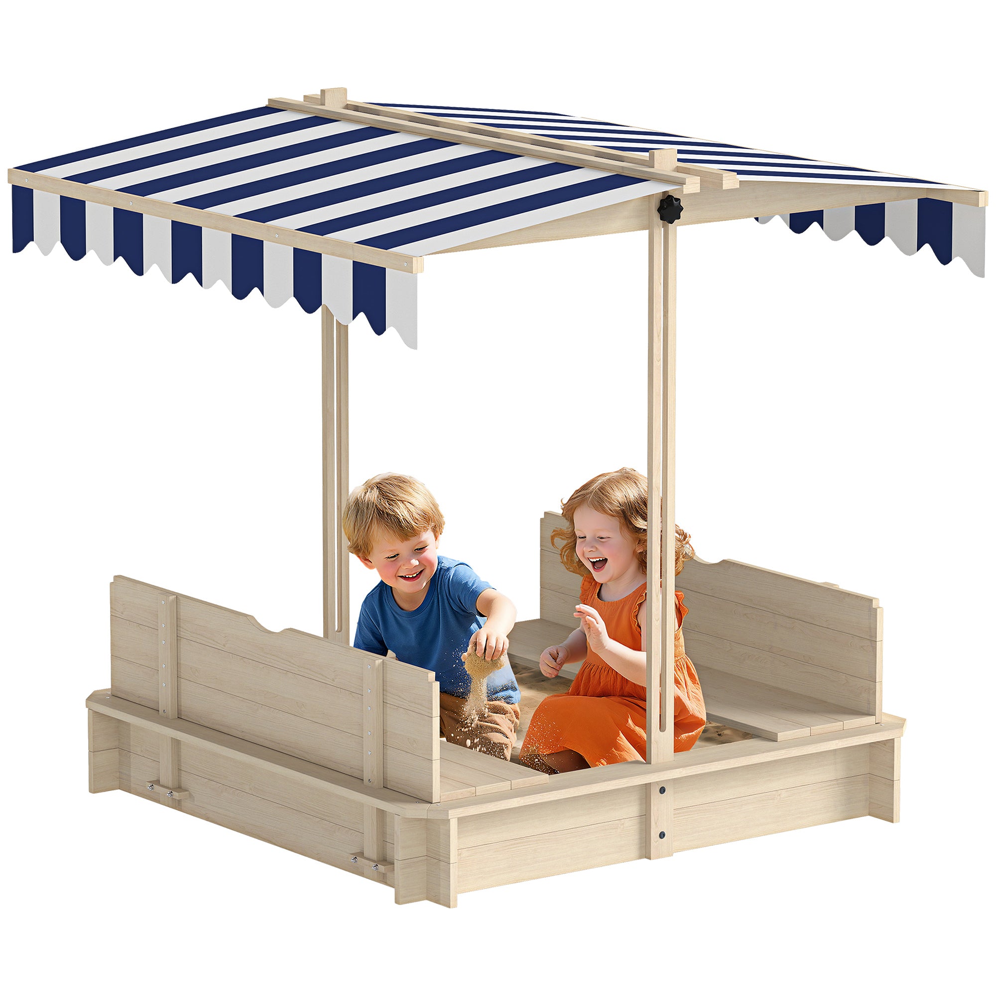 Outsunny Sandkasten Sandkiste aus Holz für Garten Sandkasten mit Dach Felix Kindersandkasten mit Dach abnehmbar Rücklehnen verstellbar Tannenholz 3-7 Jahren 106 x 106 x 115 cm Natur